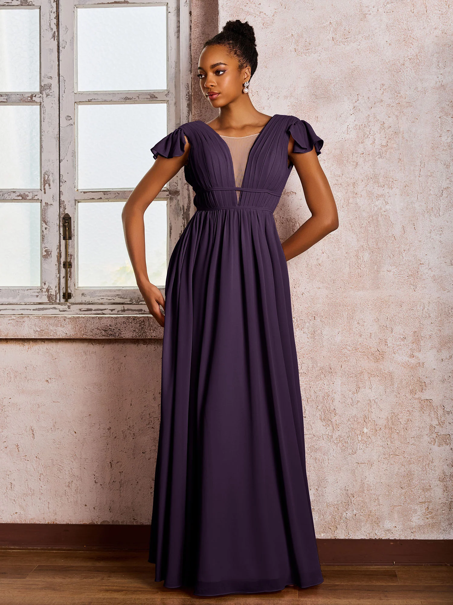 Flutter Sleeves Plunging V-neck Pleated A-line Dresses with Belt Plum - Image 3