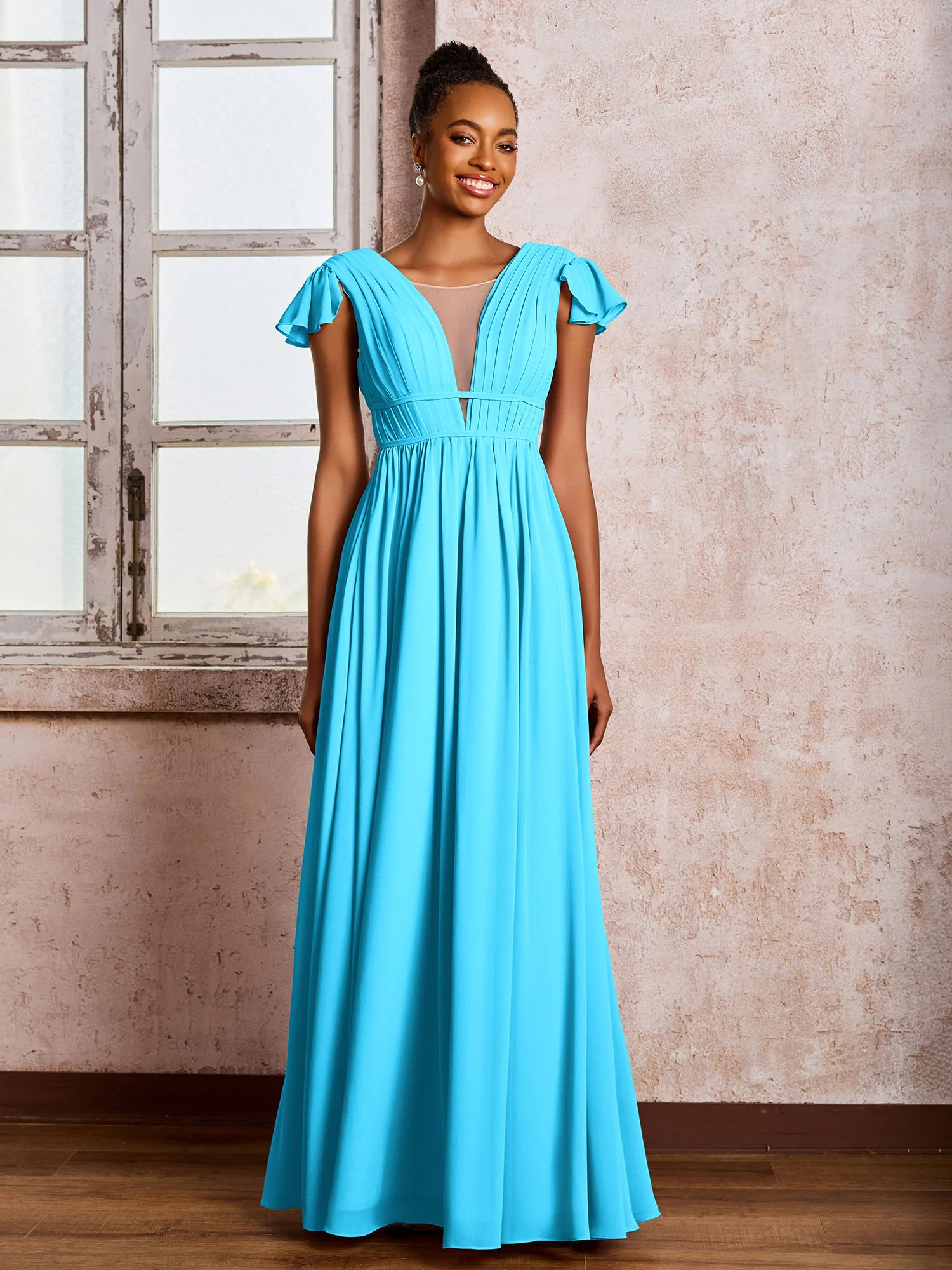 Flutter Sleeves Plunging V-neck Pleated A-line Dresses with Belt Pool