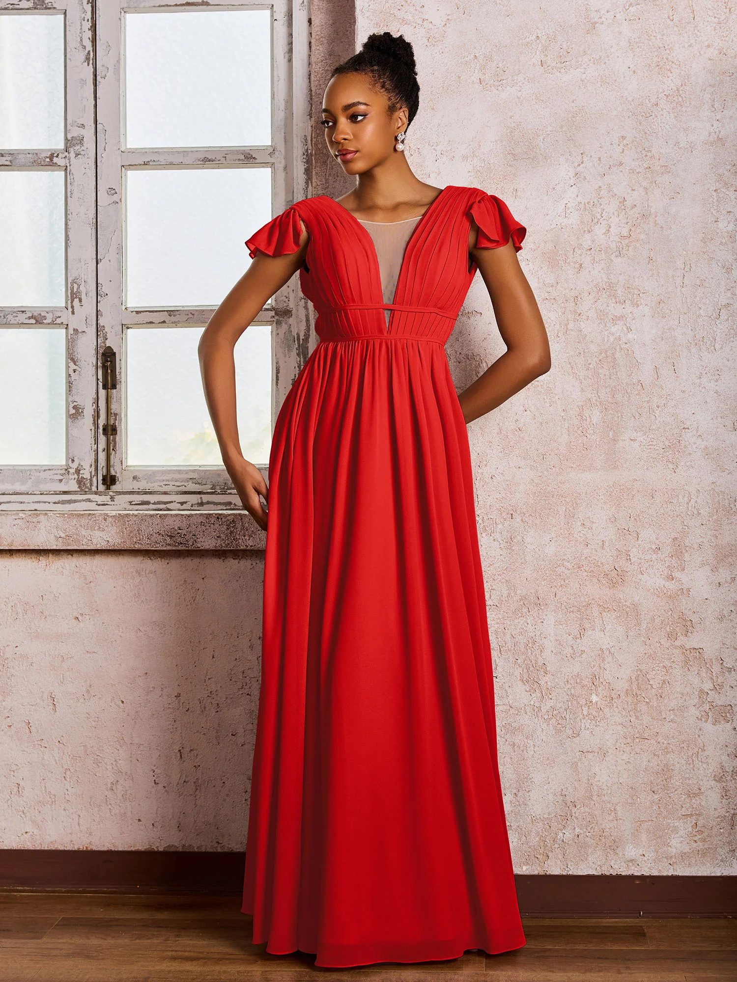 Flutter Sleeves Plunging V-neck Pleated A-line Dresses with Belt Red - Image 3