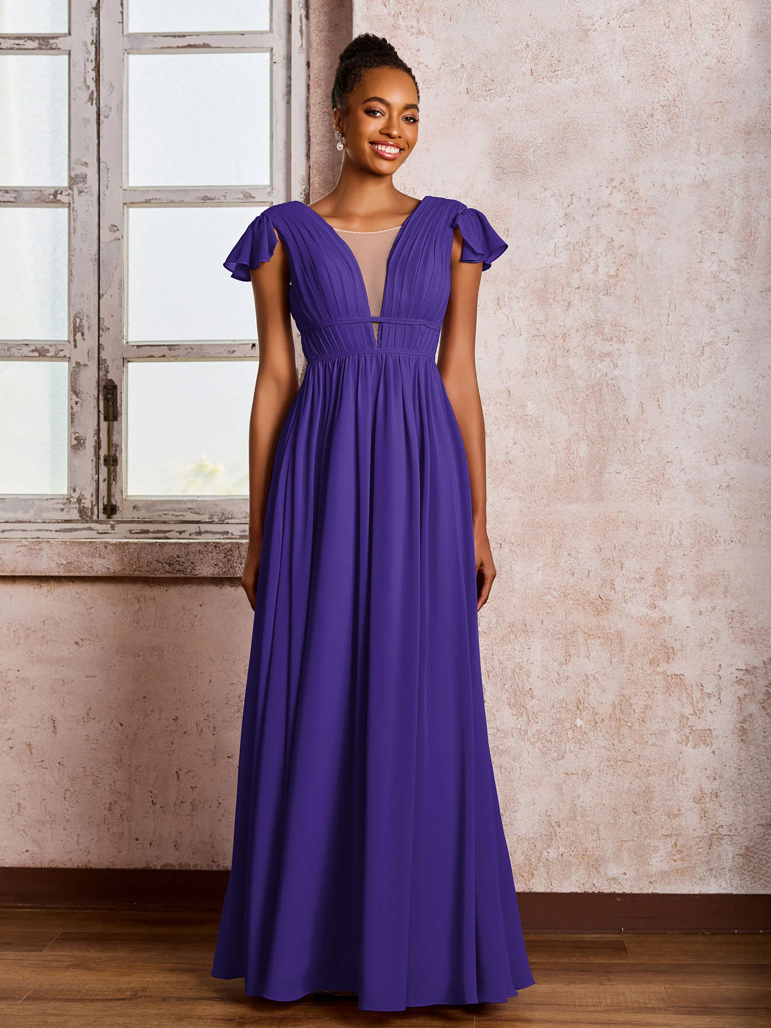 Flutter Sleeves Plunging V-neck Pleated A-line Dresses with Belt Regency