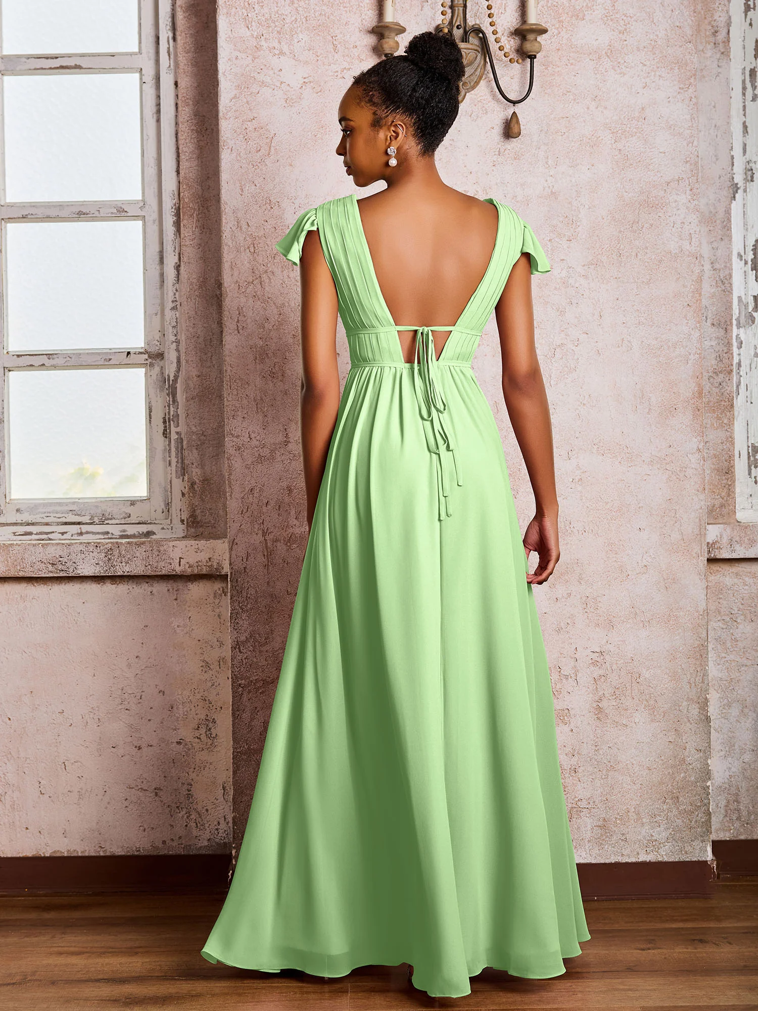 Flutter Sleeves Plunging V-neck Pleated A-line Dresses with Belt Sage - Image 2