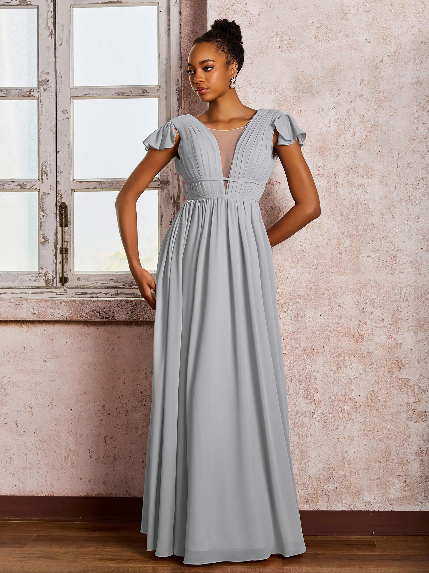 Flutter Sleeves Plunging V-neck Pleated A-line Dresses with Belt Silver - Image 3