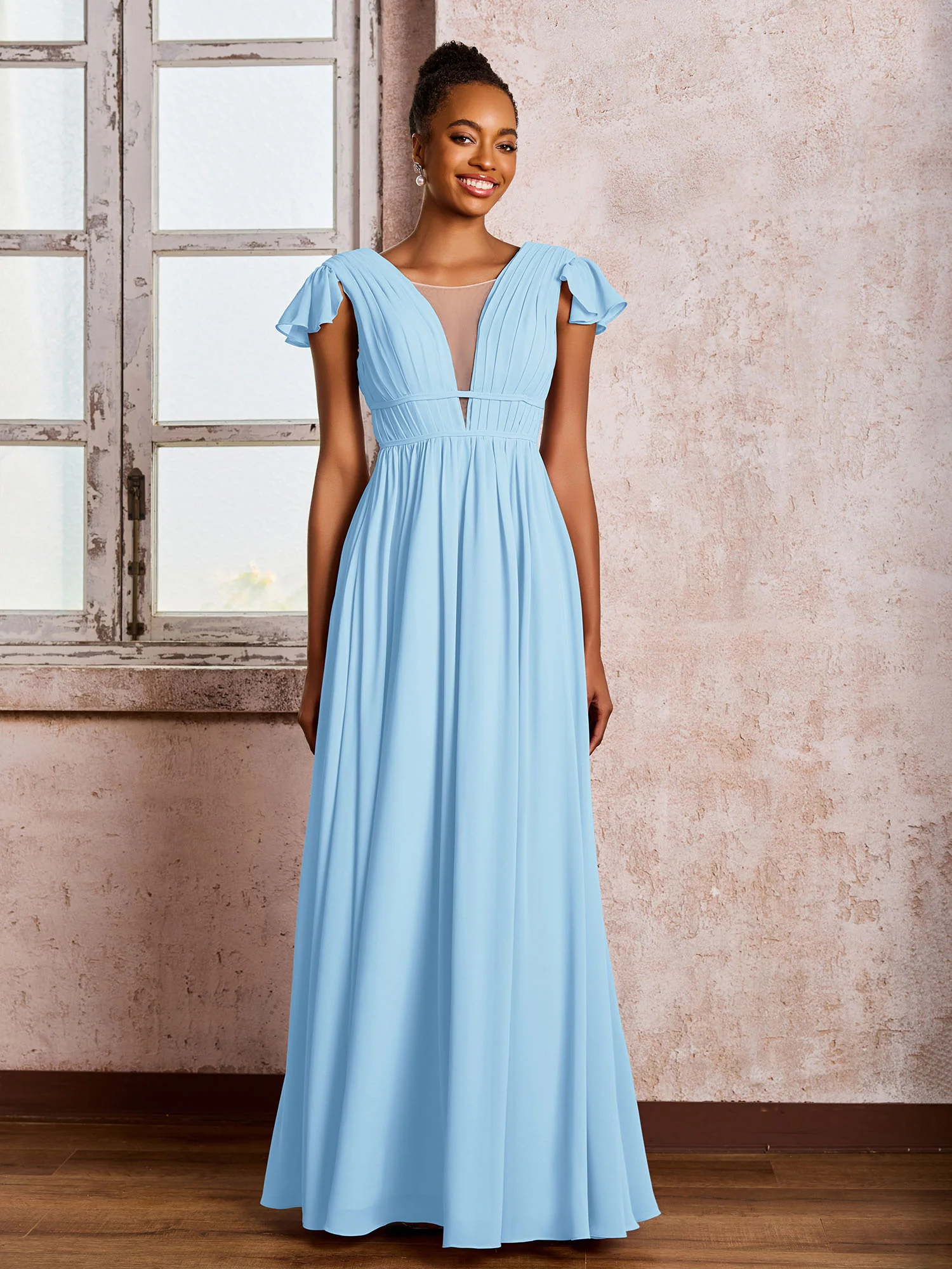 Flutter Sleeves Plunging V-neck Pleated A-line Dresses with Belt Sky Blue