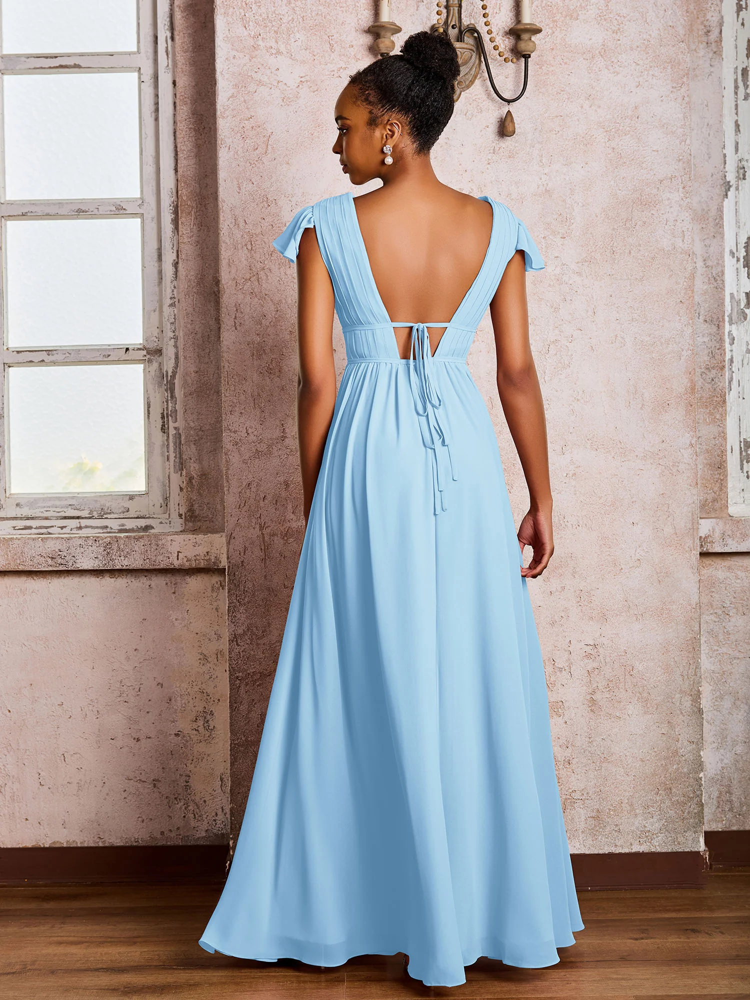 Flutter Sleeves Plunging V-neck Pleated A-line Dresses with Belt Sky Blue - Image 2