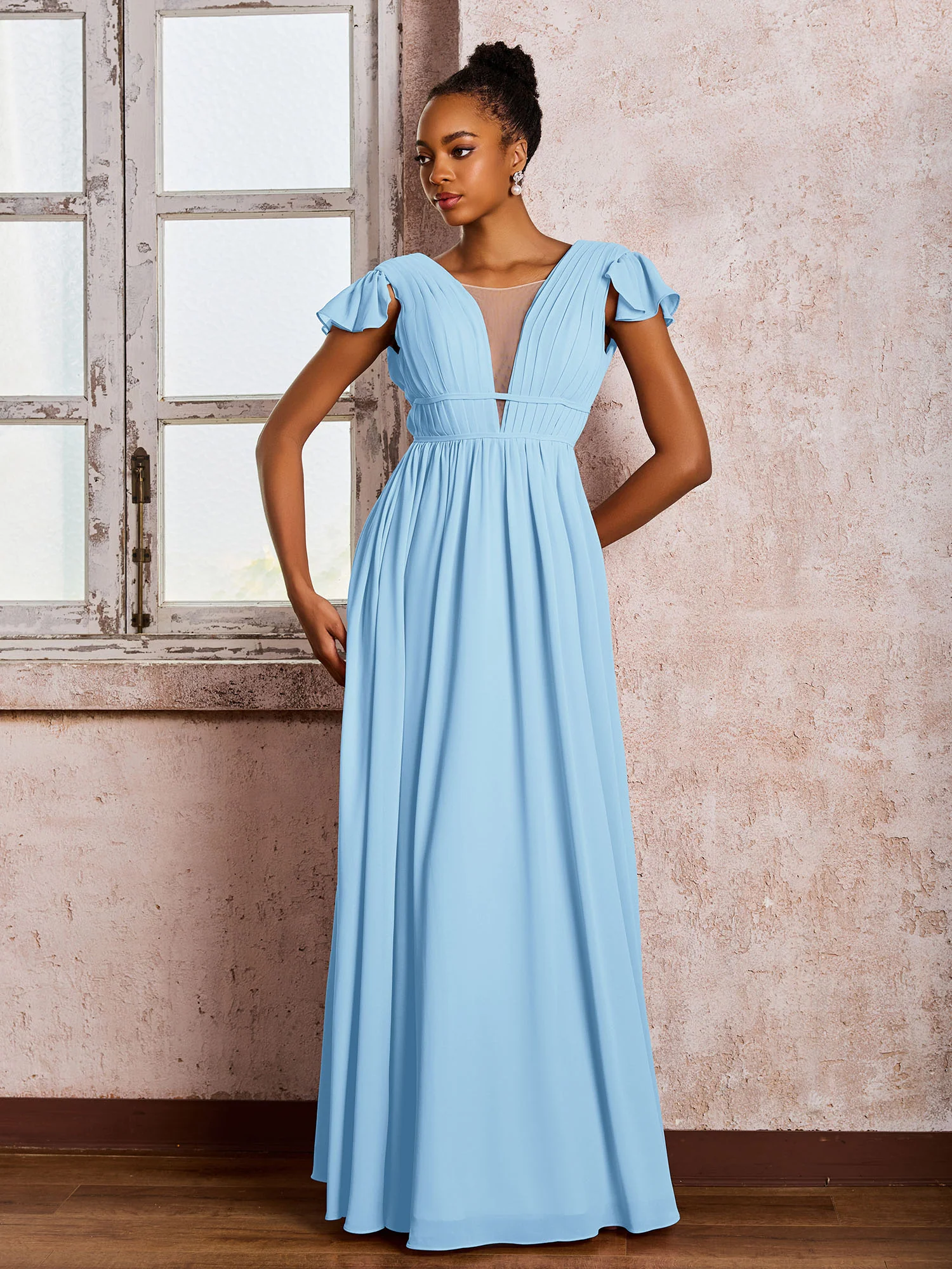 Flutter Sleeves Plunging V-neck Pleated A-line Dresses with Belt Sky Blue - Image 3