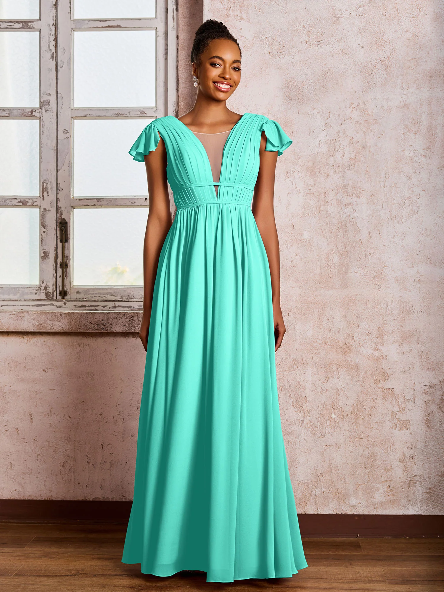 Flutter Sleeves Plunging V-neck Pleated A-line Dresses with Belt Spa