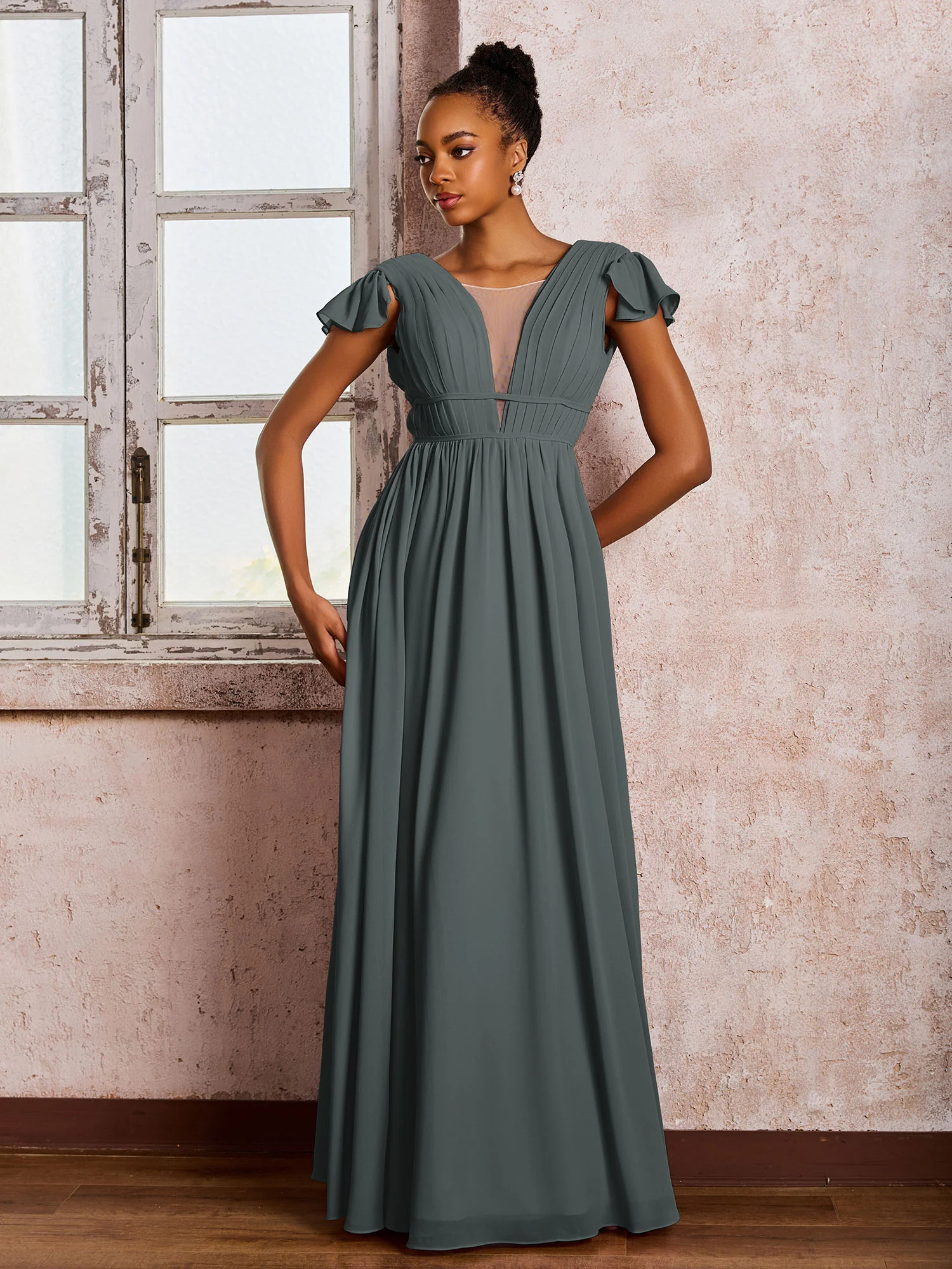 Flutter Sleeves Plunging V-neck Pleated A-line Dresses with Belt Steel Grey - Image 3