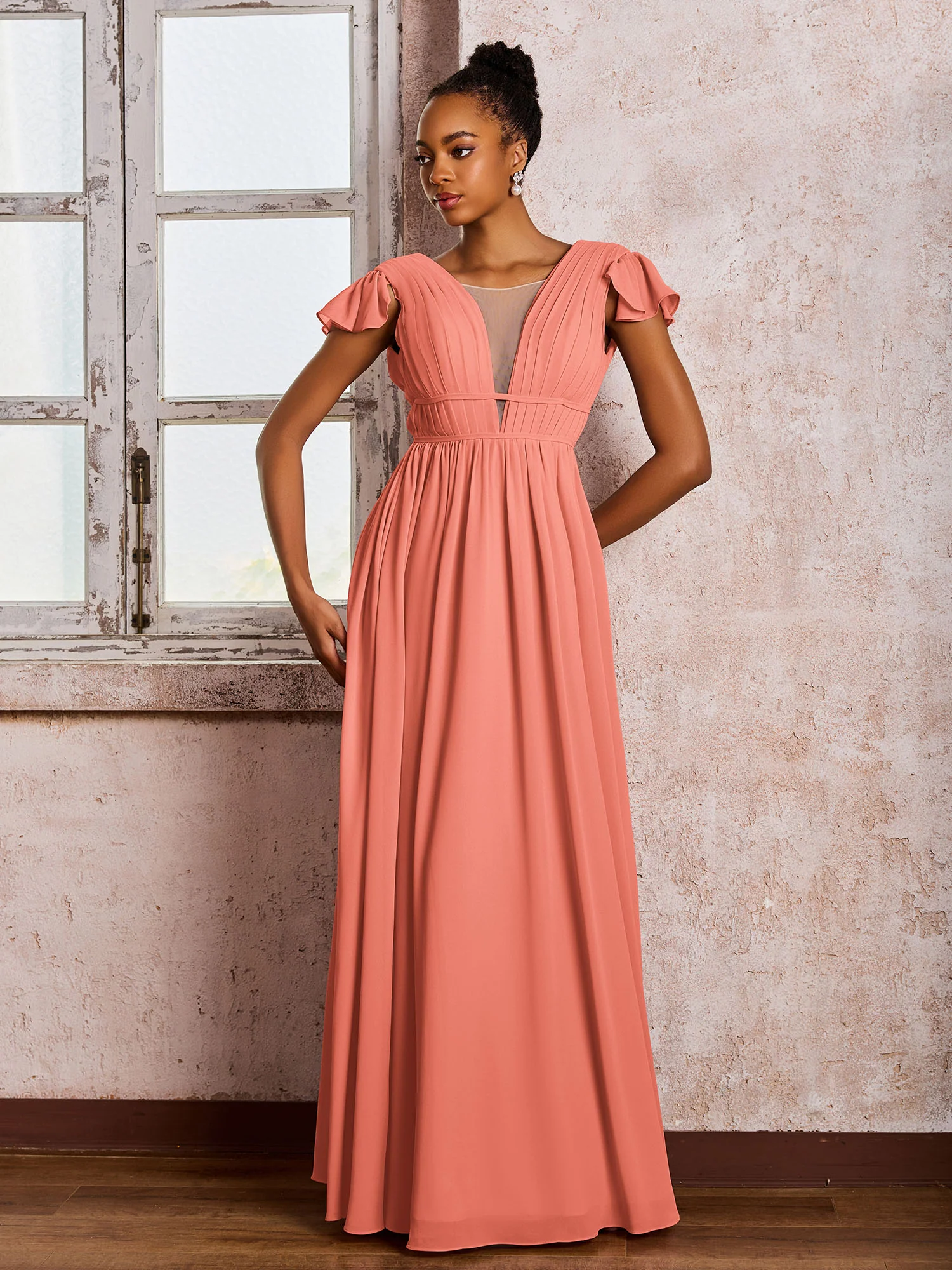 Flutter Sleeves Plunging V-neck Pleated A-line Dresses with Belt Sunset - Image 3