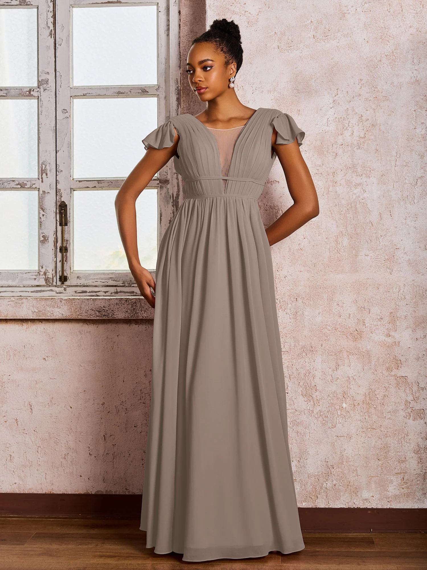 Flutter Sleeves Plunging V-neck Pleated A-line Dresses with Belt Taupe - Image 3