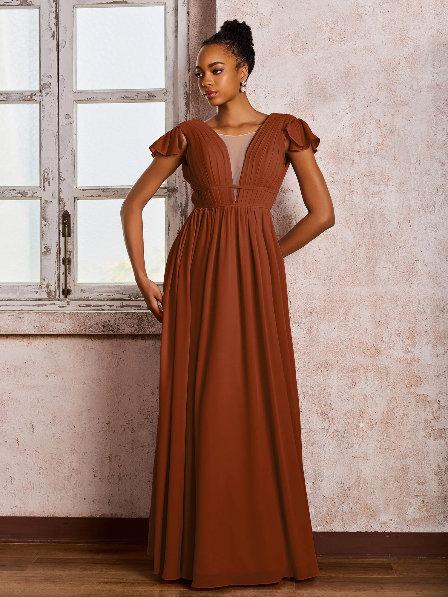 Flutter Sleeves Plunging V-neck Pleated A-line Dresses with Belt Terracotta - Image 3