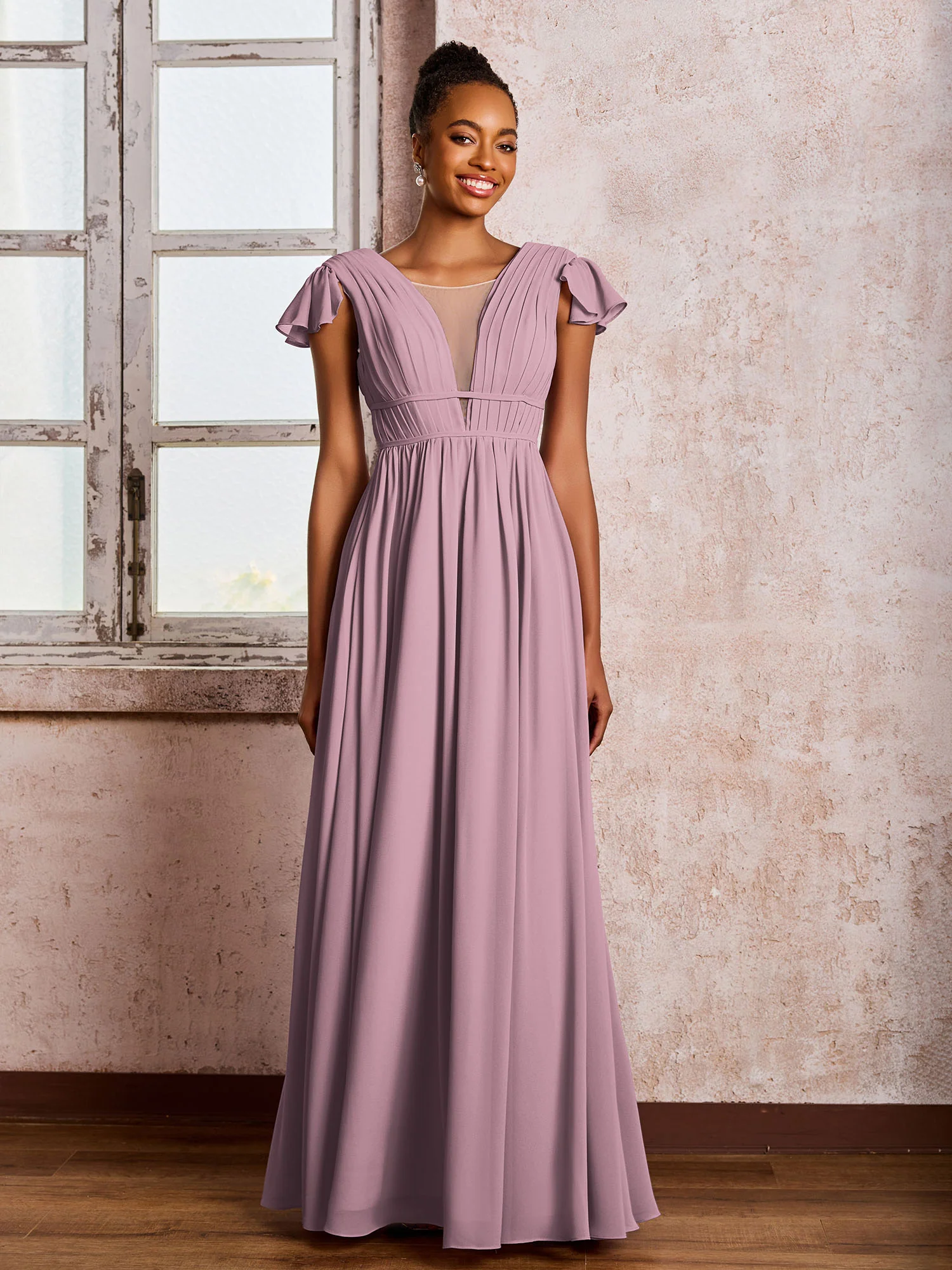 Flutter Sleeves Plunging V-neck Pleated A-line Dresses with Belt Vintage Mauve