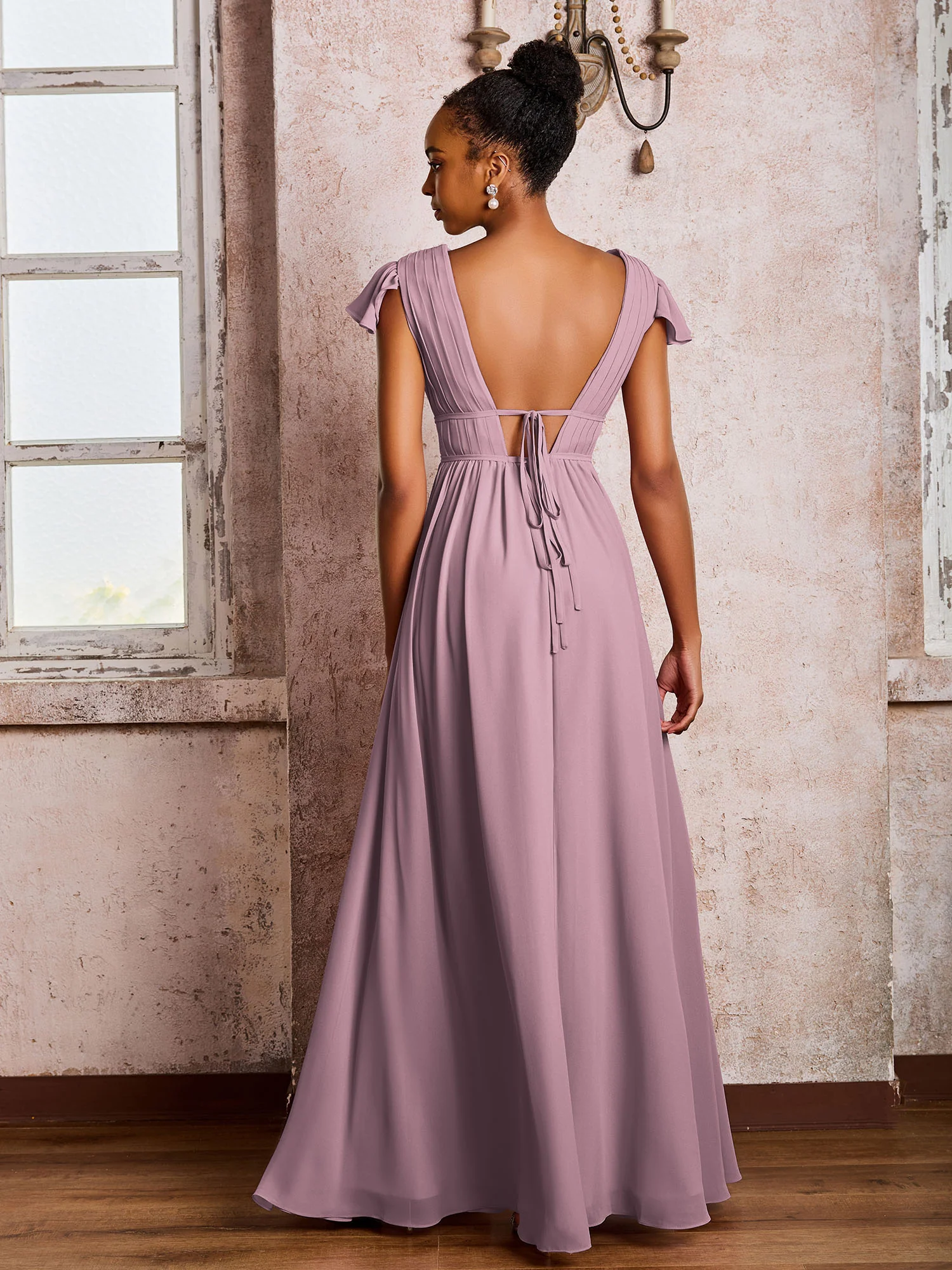 Flutter Sleeves Plunging V-neck Pleated A-line Dresses with Belt Vintage Mauve - Image 2