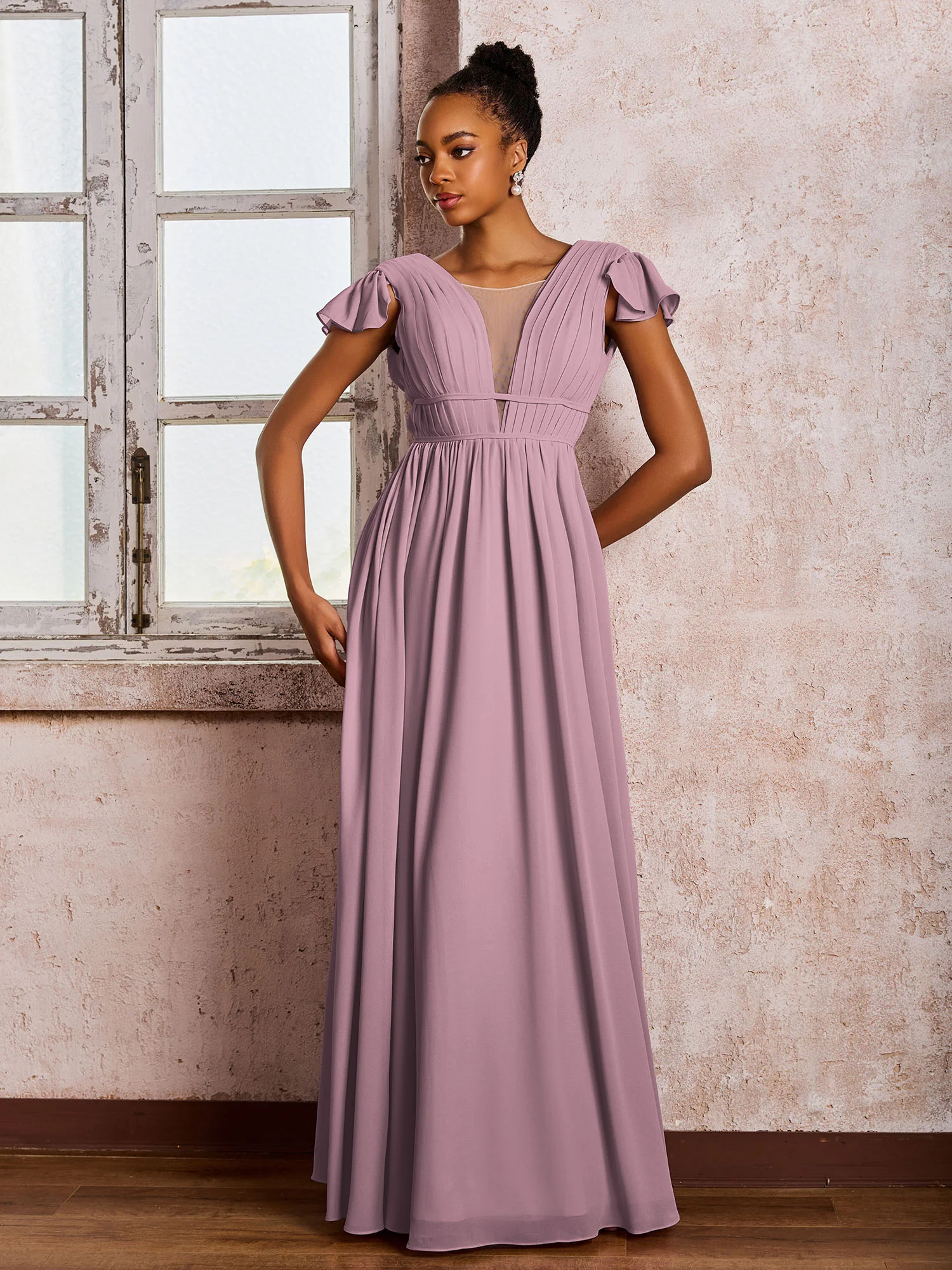 Flutter Sleeves Plunging V-neck Pleated A-line Dresses with Belt Vintage Mauve - Image 3