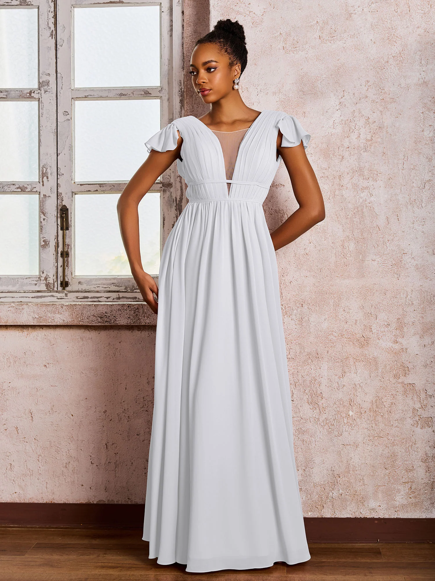 Flutter Sleeves Plunging V-neck Pleated A-line Dresses with Belt White - Image 3