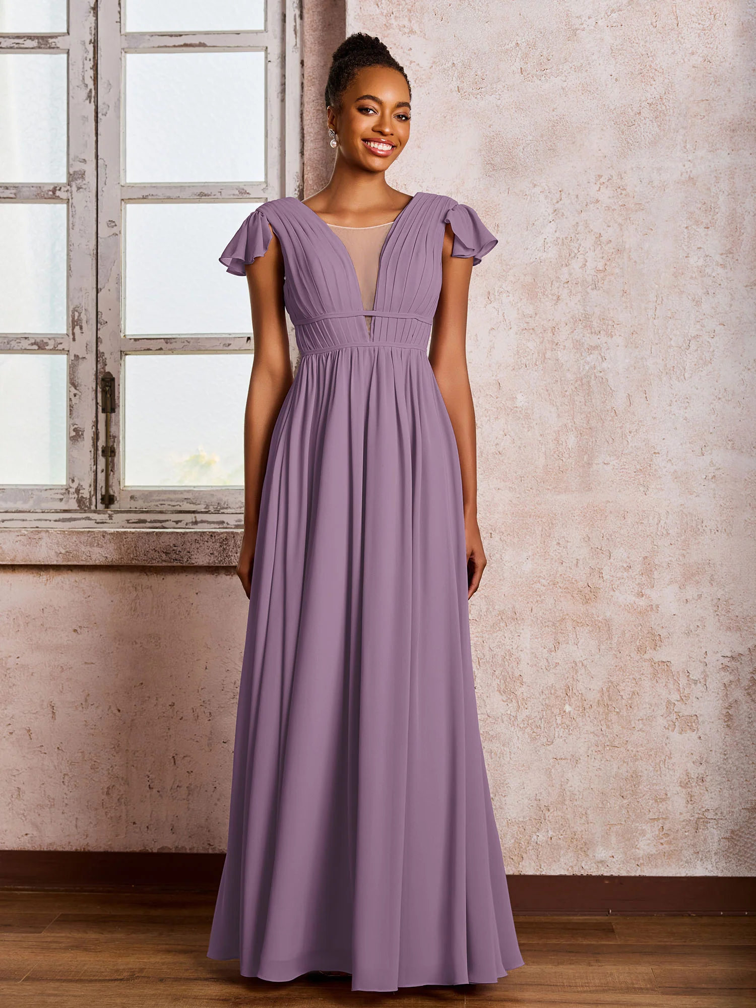 Flutter Sleeves Plunging V-neck Pleated A-line Dresses with Belt Wisteria