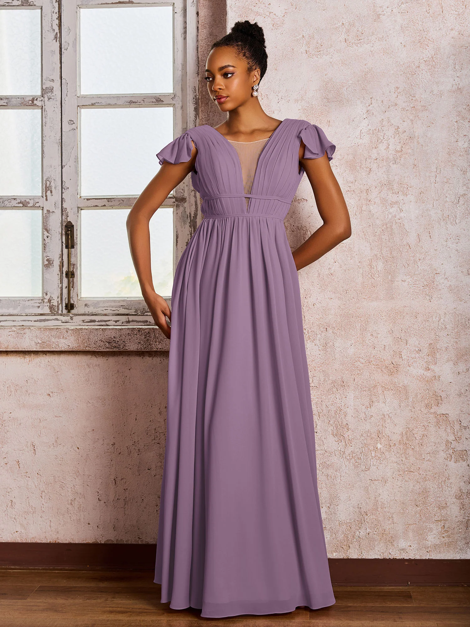 Flutter Sleeves Plunging V-neck Pleated A-line Dresses with Belt Wisteria - Image 3