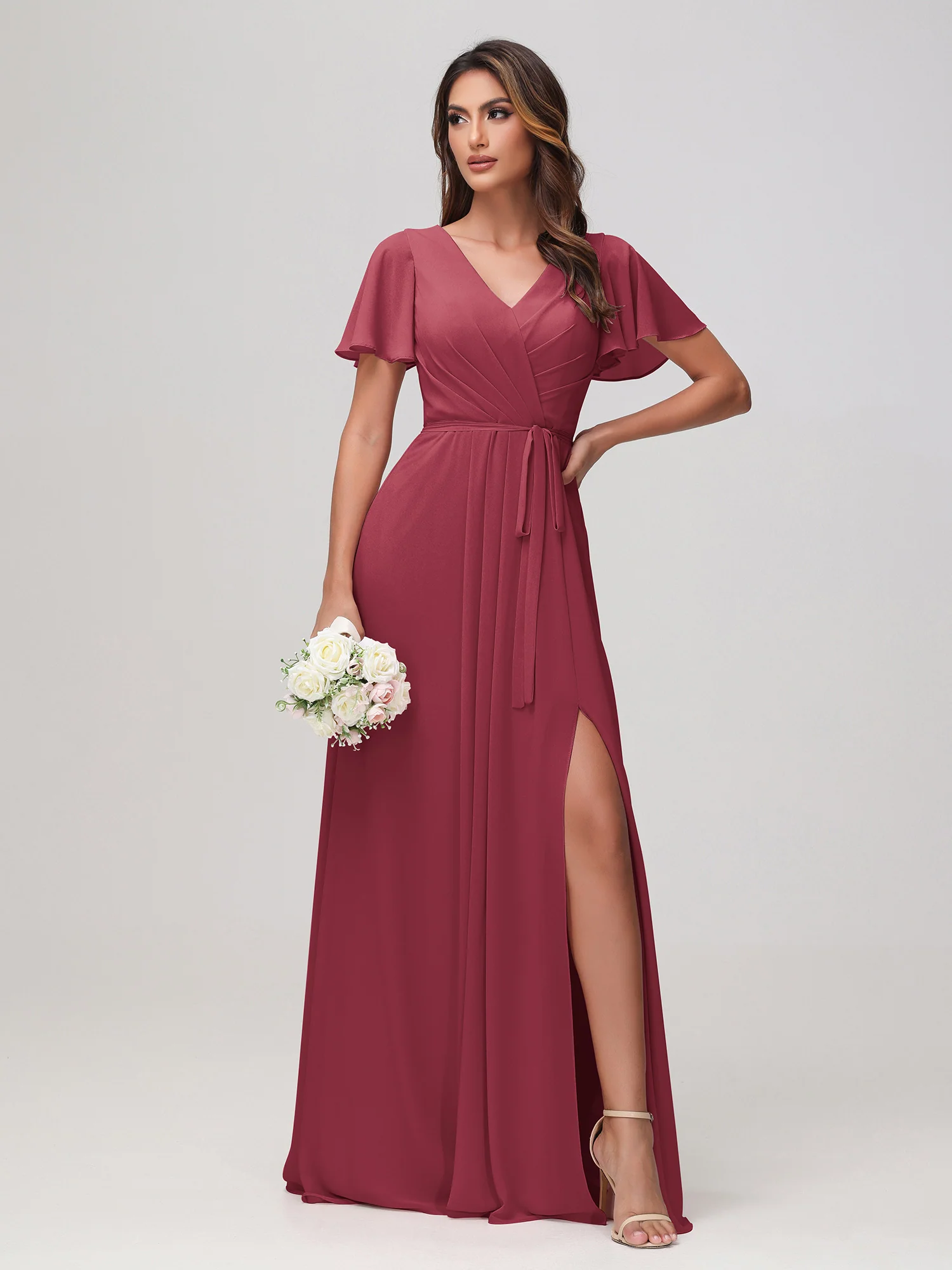 Flutter Sleeves Ruched Chiffon Dress with Sash Cinnamon Rose