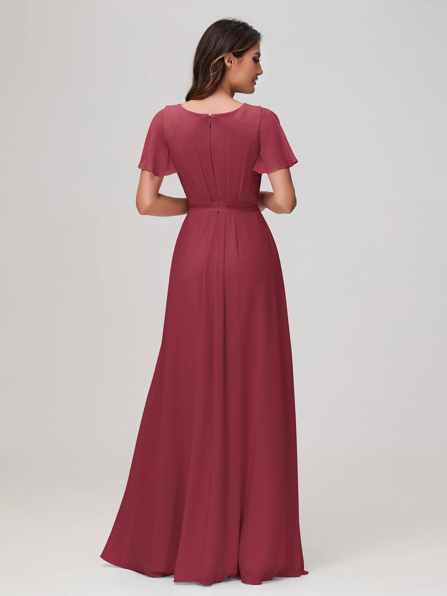 Flutter Sleeves Ruched Chiffon Dress with Sash Cinnamon Rose - Image 2