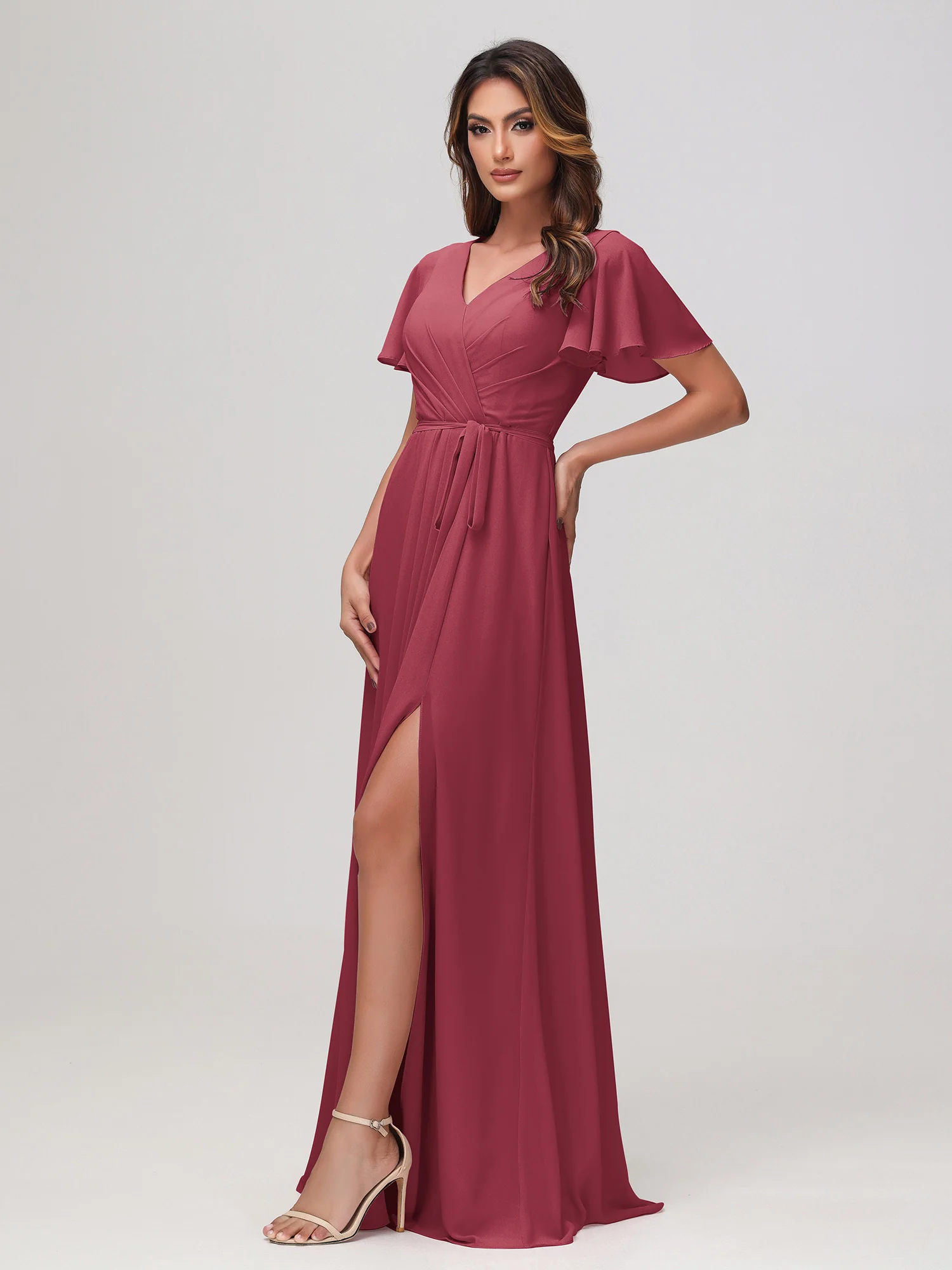 Flutter Sleeves Ruched Chiffon Dress with Sash Cinnamon Rose - Image 3