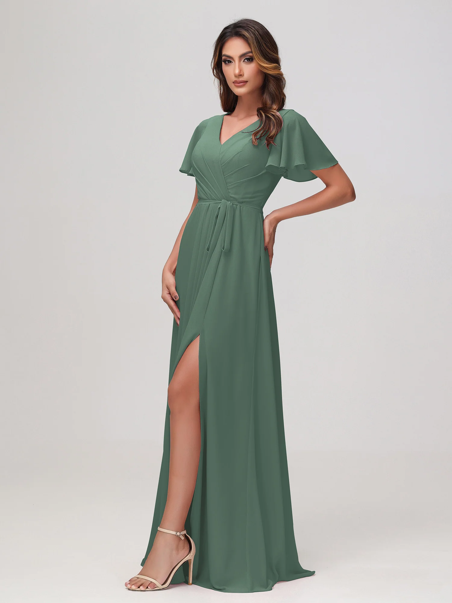 Flutter Sleeves Ruched Chiffon Dress with Sash Eucalyptus - Image 3
