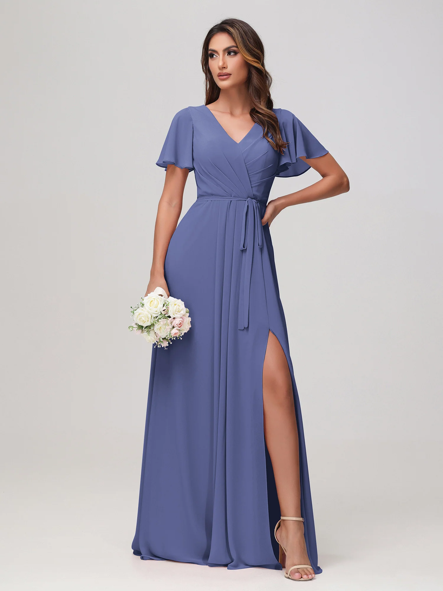 Flutter Sleeves Ruched Chiffon Dress with Sash Periwinkle