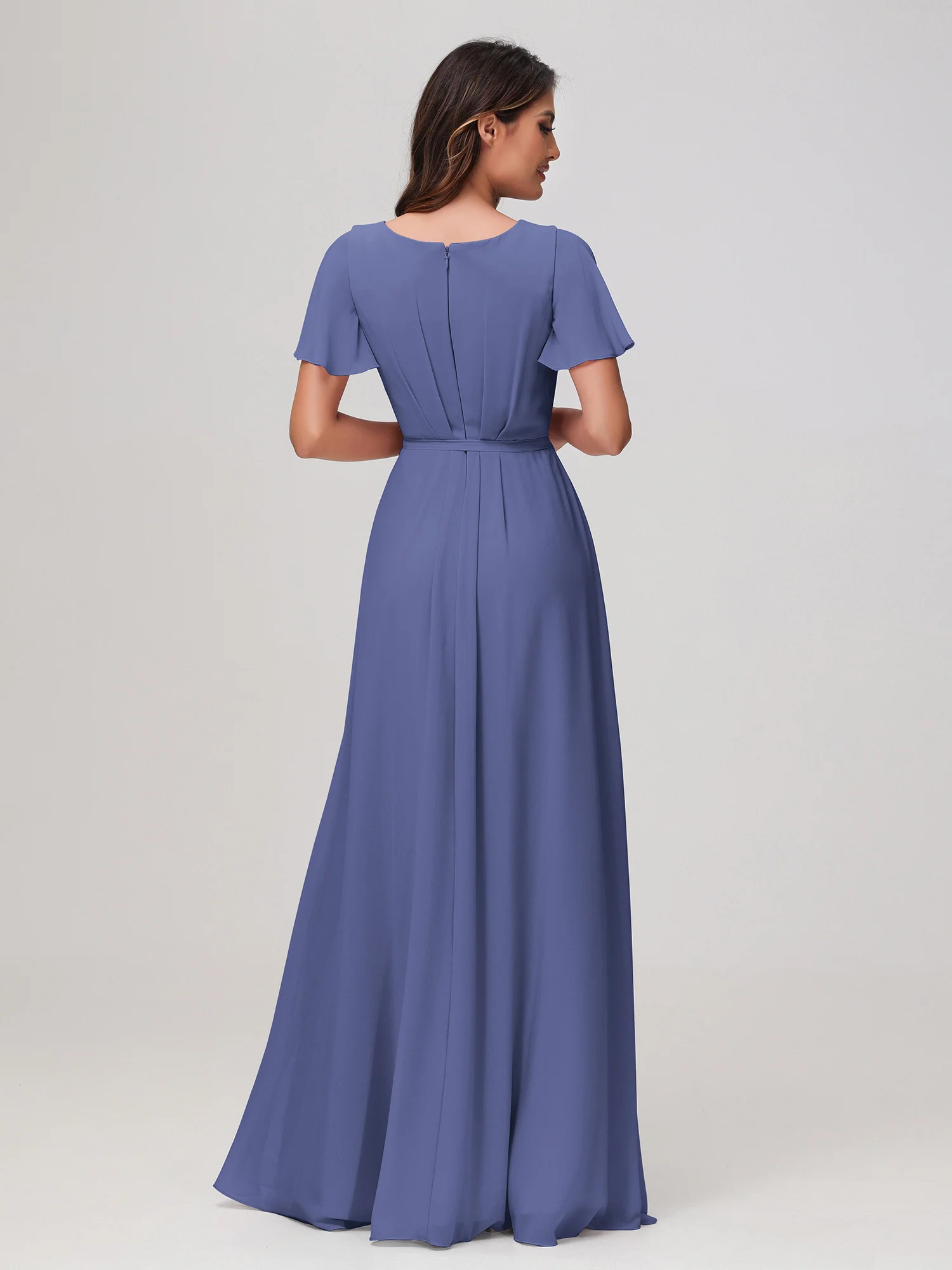 Flutter Sleeves Ruched Chiffon Dress with Sash Periwinkle - Image 2