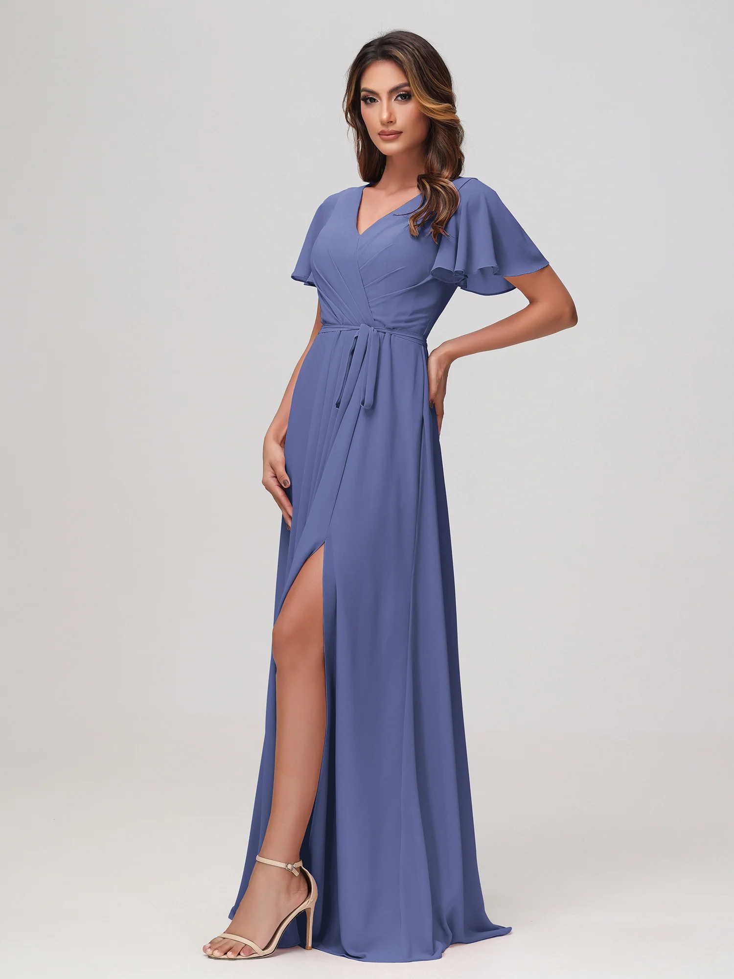 Flutter Sleeves Ruched Chiffon Dress with Sash Periwinkle - Image 3