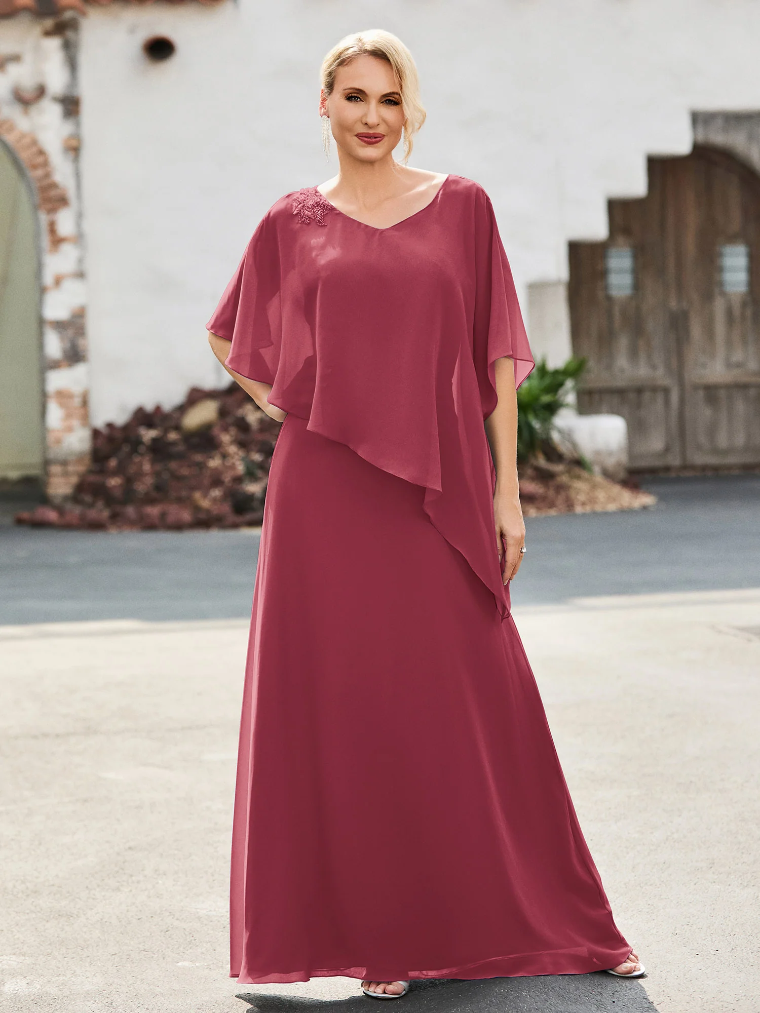 Flutter Sleeves Sheath Dress with Beaded Cinnamon Rose
