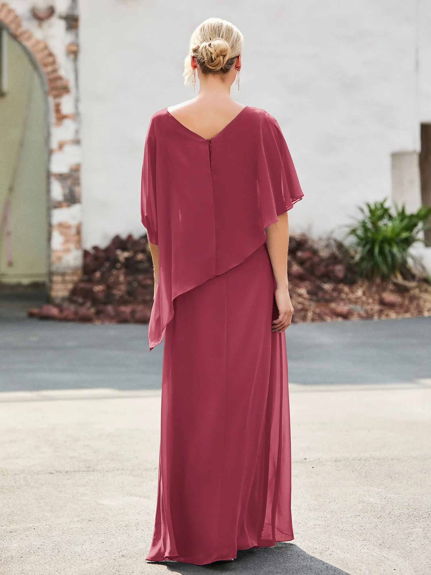 Flutter Sleeves Sheath Dress with Beaded Cinnamon Rose - Image 2