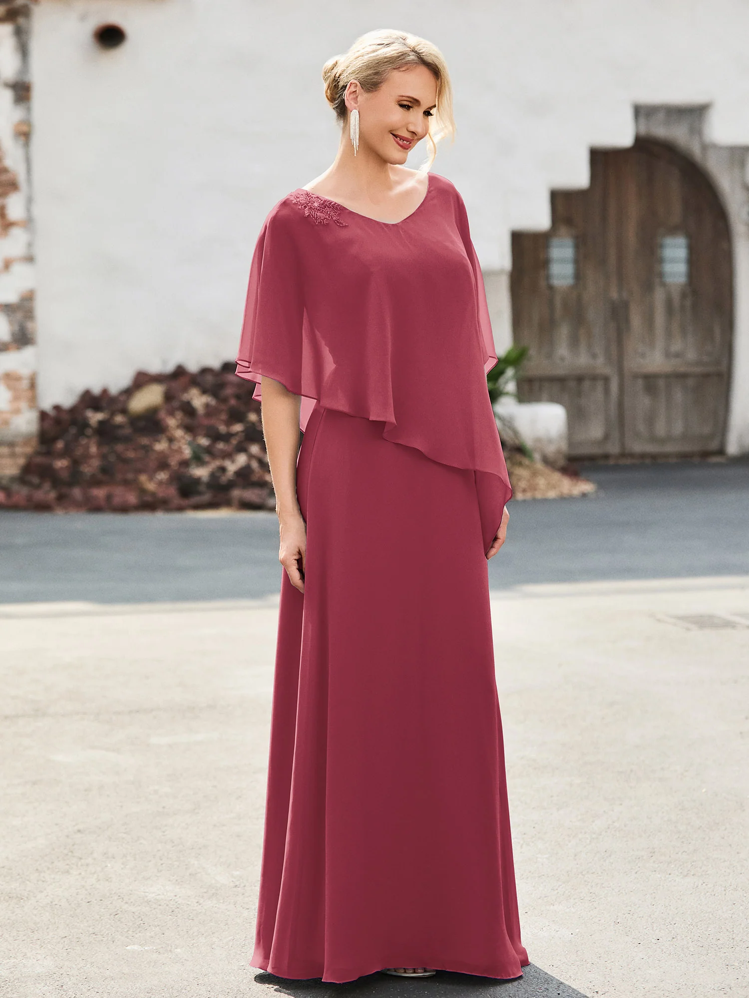 Flutter Sleeves Sheath Dress with Beaded Cinnamon Rose - Image 3
