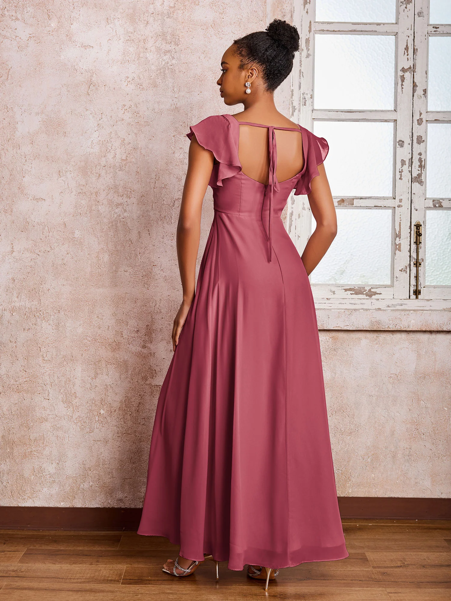 Flutter Sleeves Square Neck Backless Chiffon Dresses with Slit Cinnamon Rose - Image 2