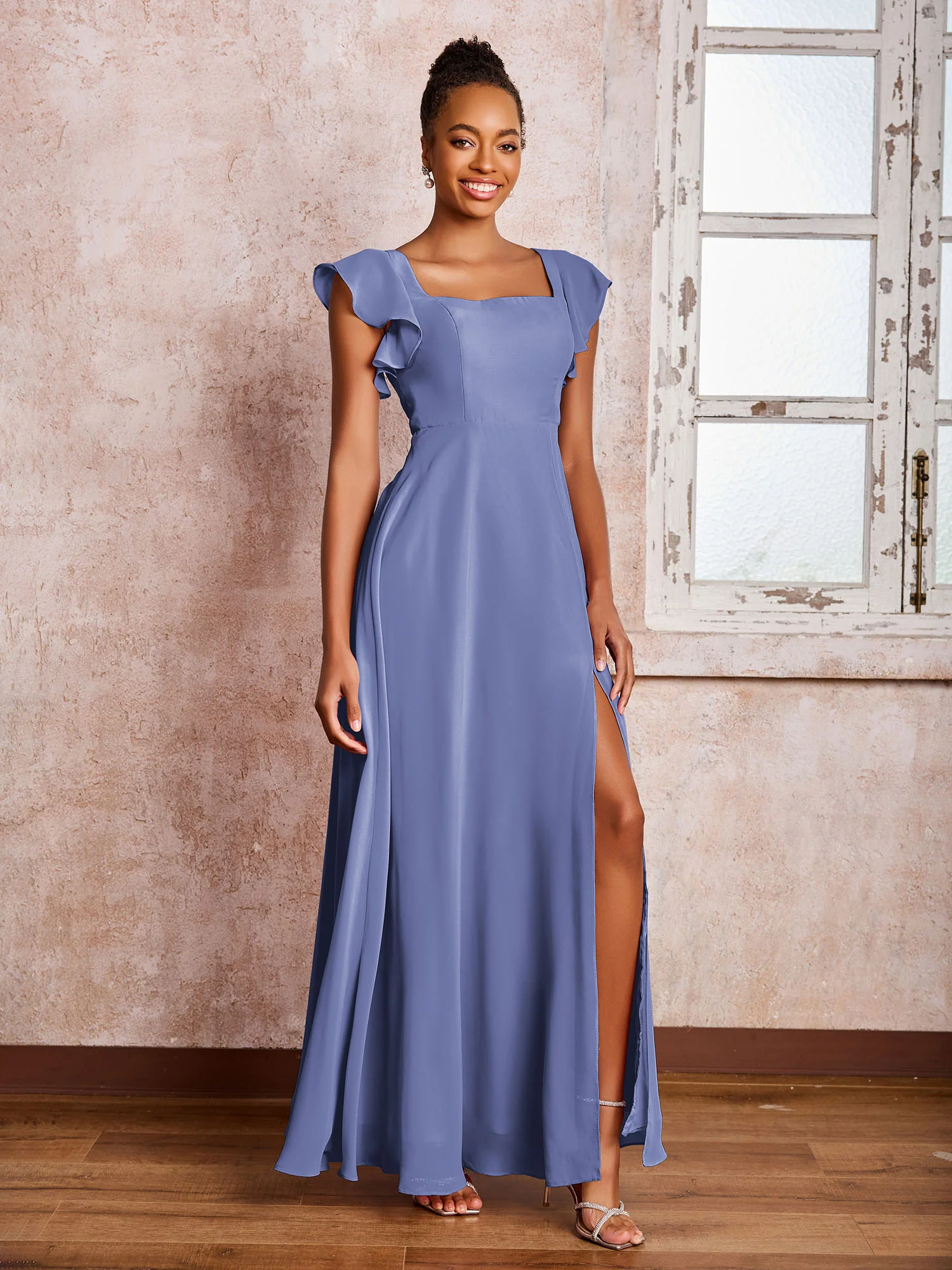 Flutter Sleeves Square Neck Backless Chiffon Dresses with Slit Periwinkle