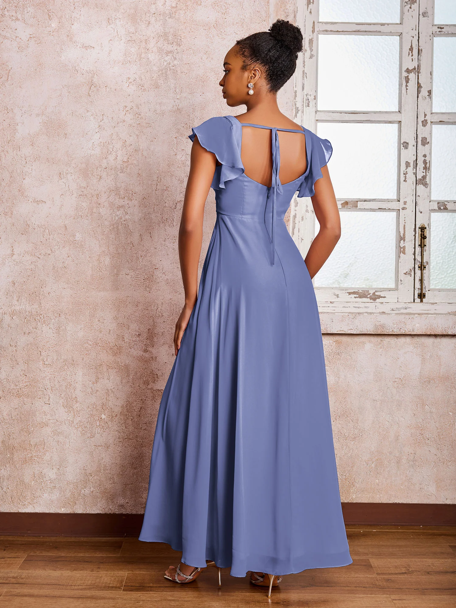 Flutter Sleeves Square Neck Backless Chiffon Dresses with Slit Periwinkle - Image 2