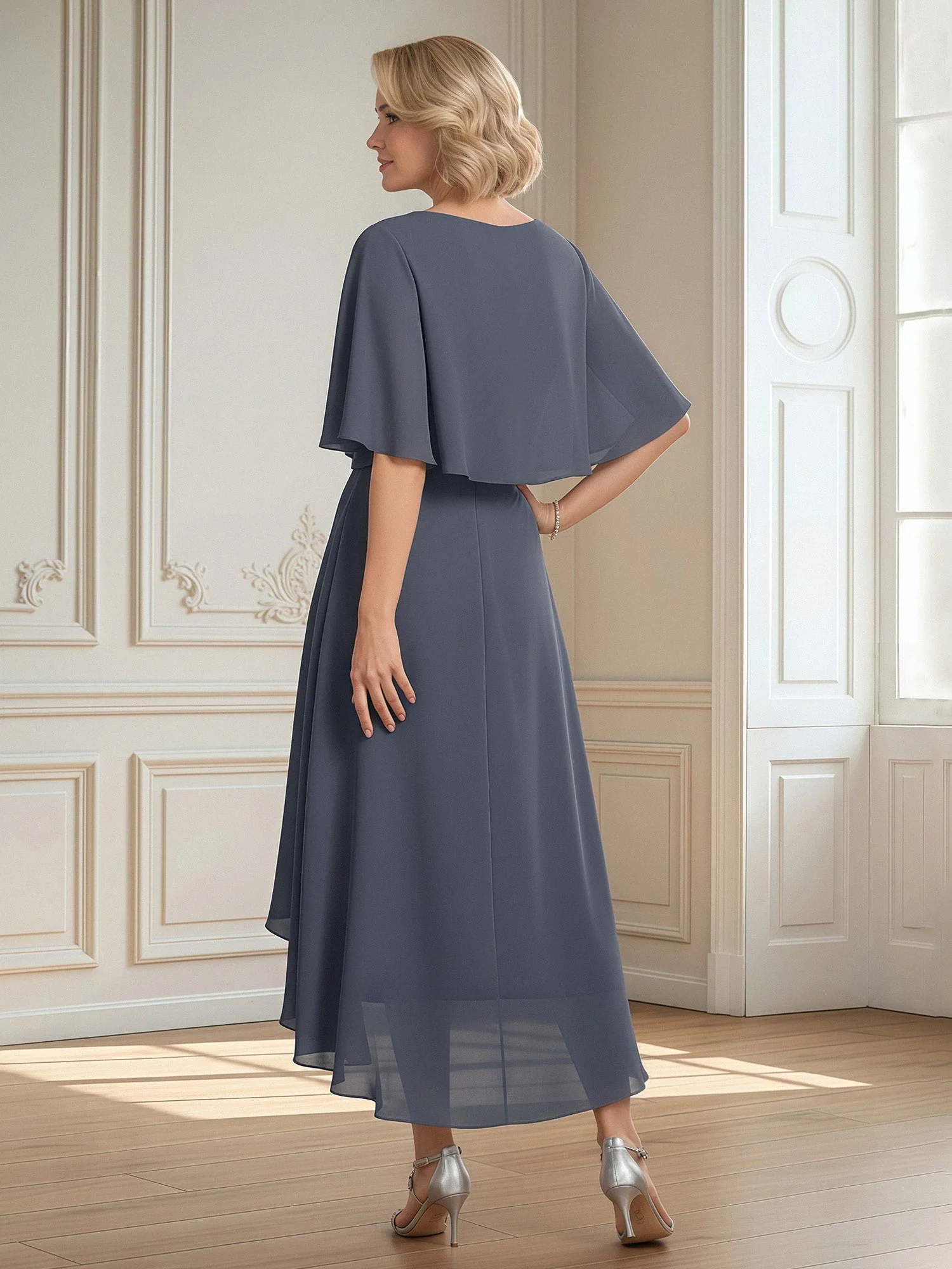 Flutter Sleeves V-neck Asymmetrical Chiffon Dress Vintage Mauve - Image 2
