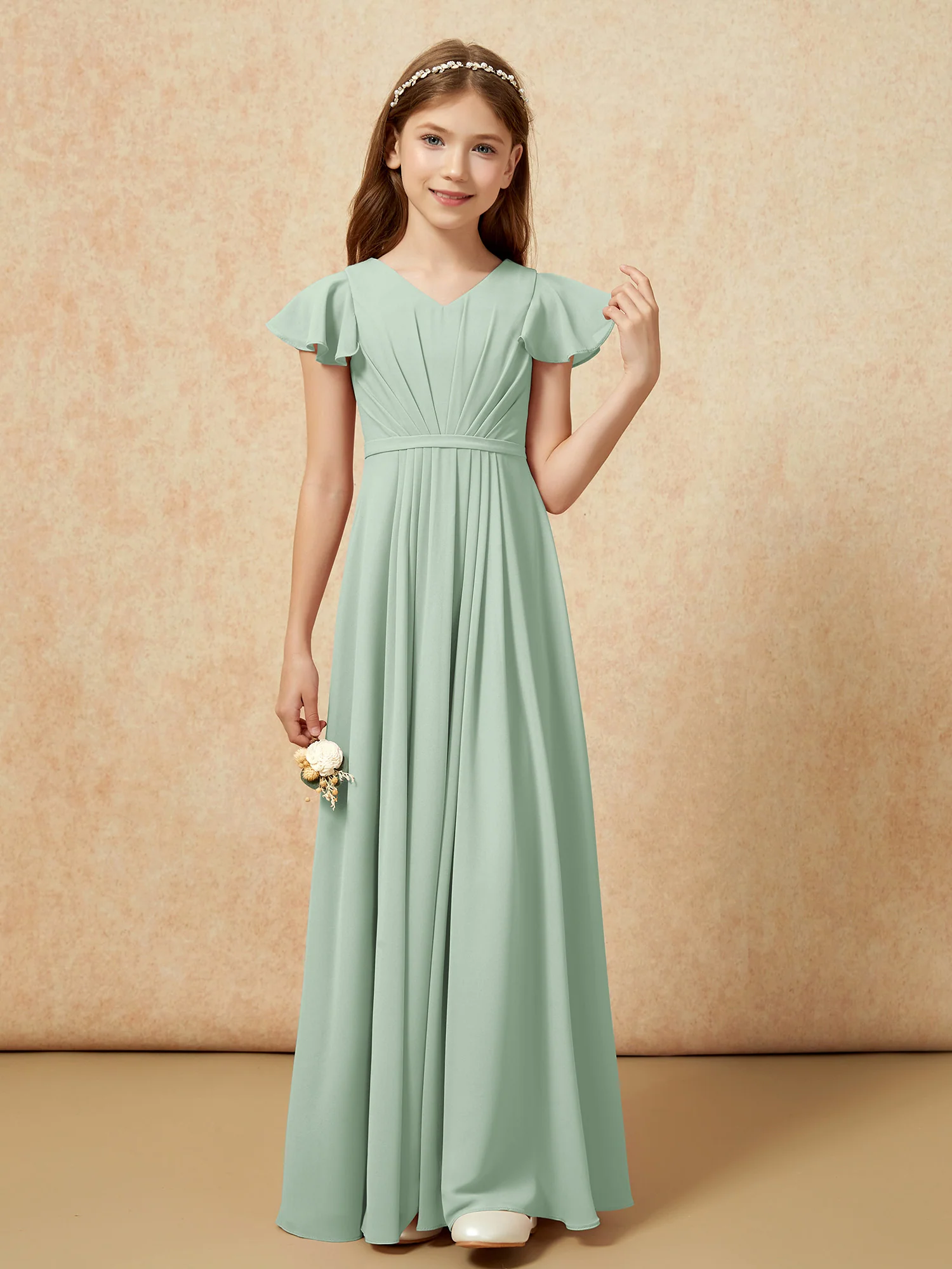 Flutter Sleeves V-neck Chiffon Junior Bridesmaid Dresses Agave - Image 4