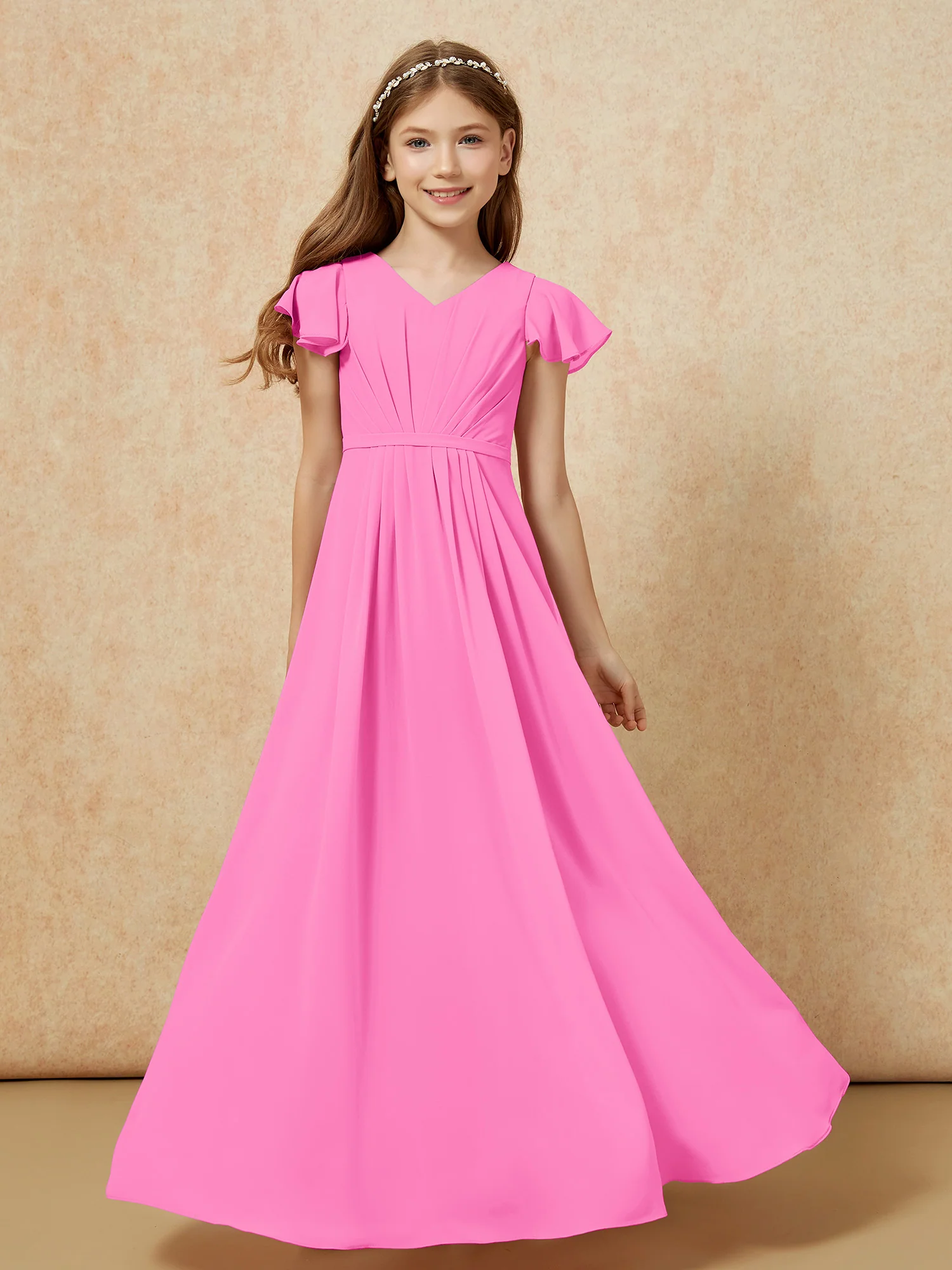 Flutter Sleeves V-neck Chiffon Junior Bridesmaid Dresses Azalea
