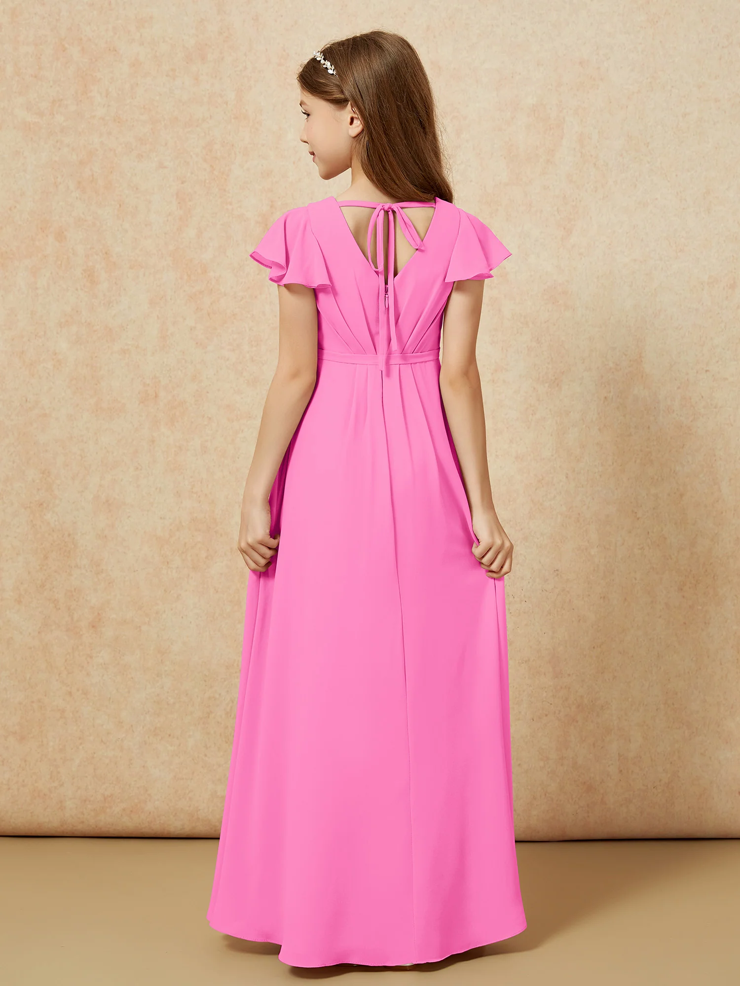 Flutter Sleeves V-neck Chiffon Junior Bridesmaid Dresses Azalea - Image 2