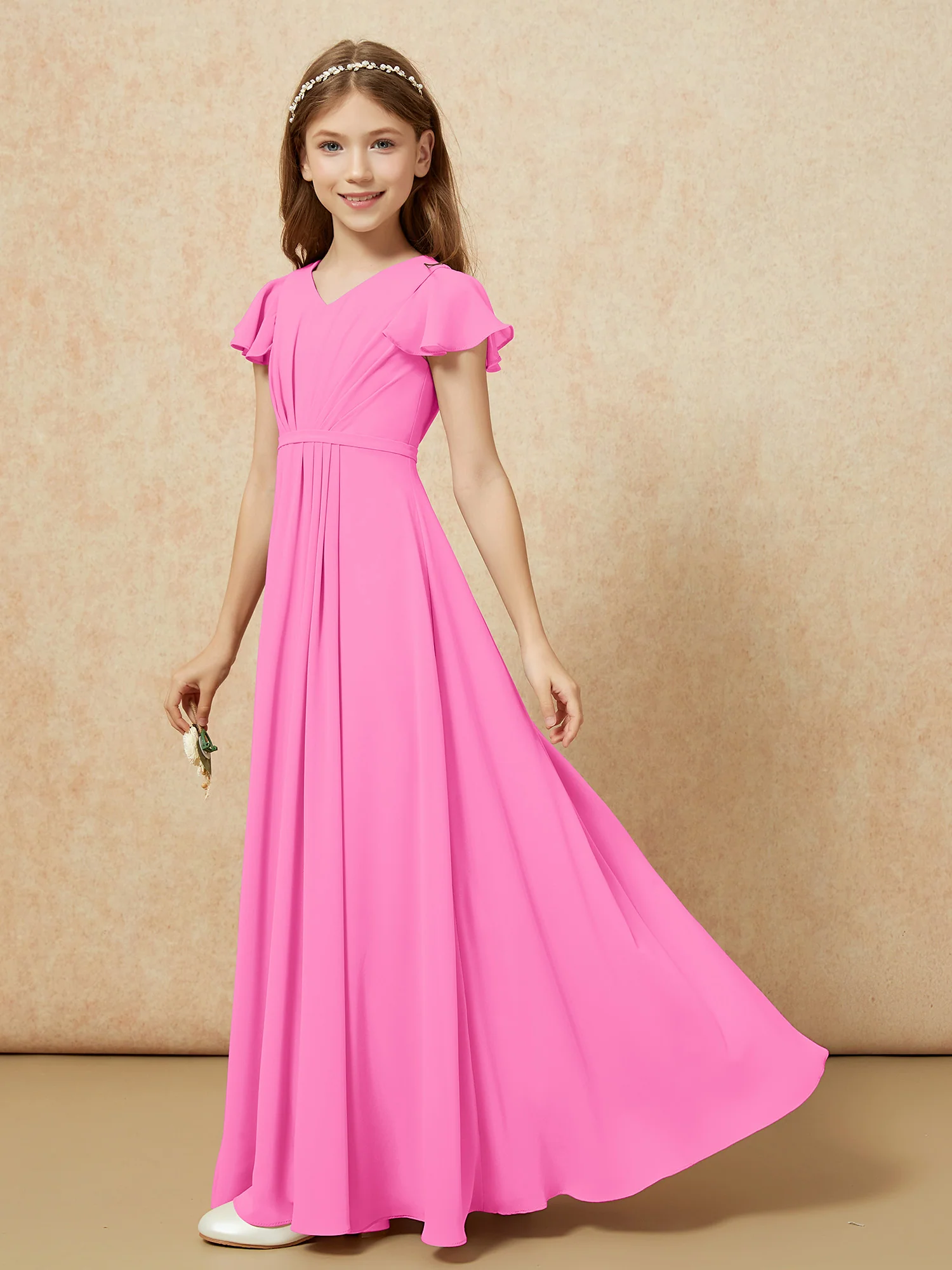 Flutter Sleeves V-neck Chiffon Junior Bridesmaid Dresses Azalea - Image 3