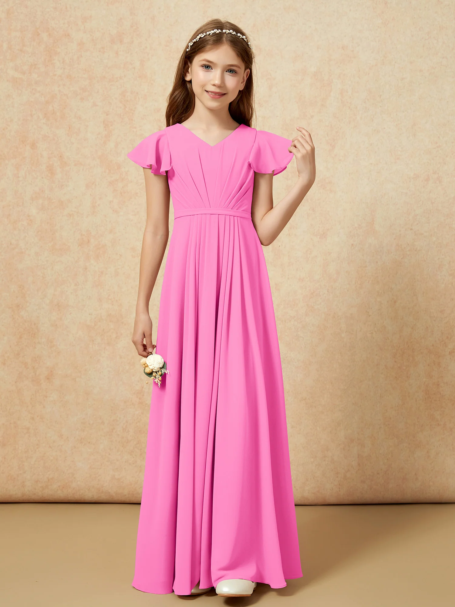Flutter Sleeves V-neck Chiffon Junior Bridesmaid Dresses Azalea - Image 4