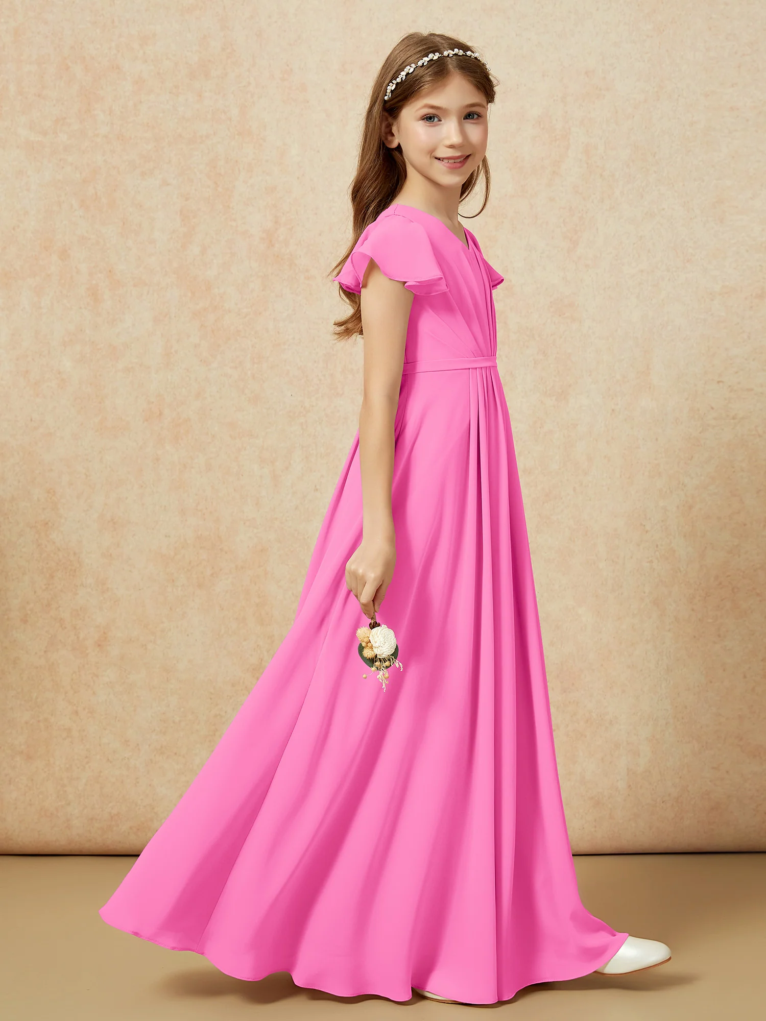 Flutter Sleeves V-neck Chiffon Junior Bridesmaid Dresses Azalea - Image 5
