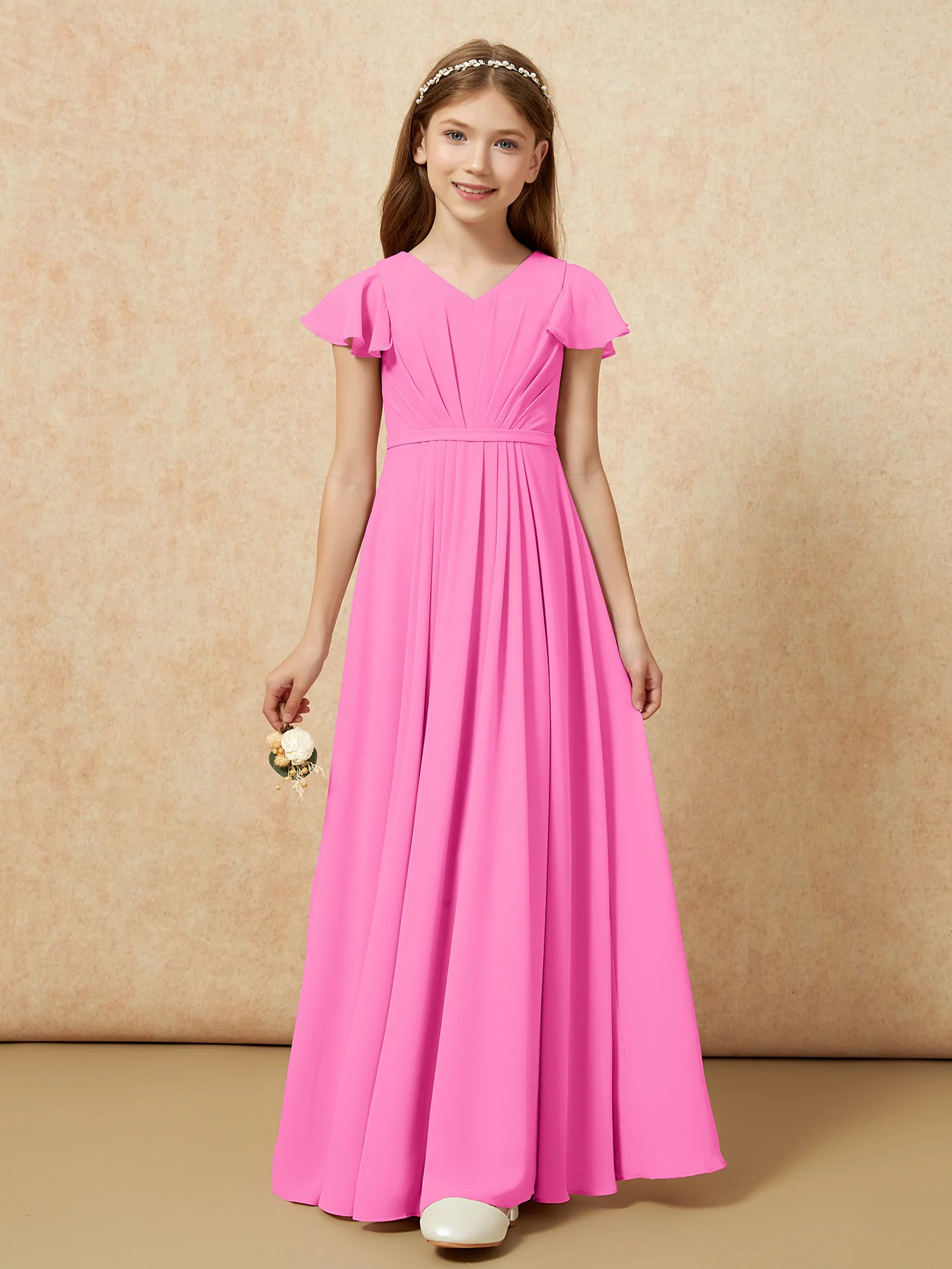 Flutter Sleeves V-neck Chiffon Junior Bridesmaid Dresses Azalea - Image 6