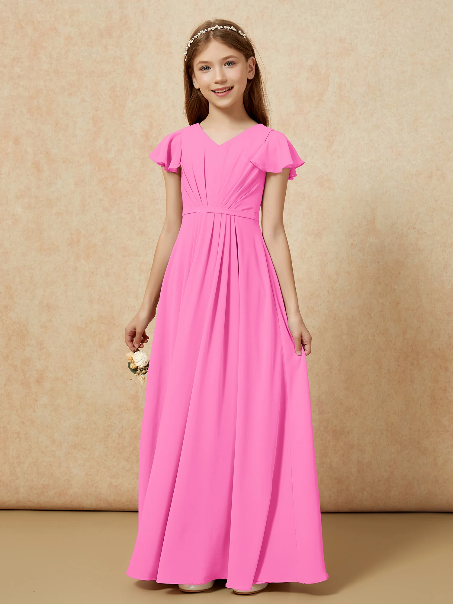 Flutter Sleeves V-neck Chiffon Junior Bridesmaid Dresses Azalea - Image 7