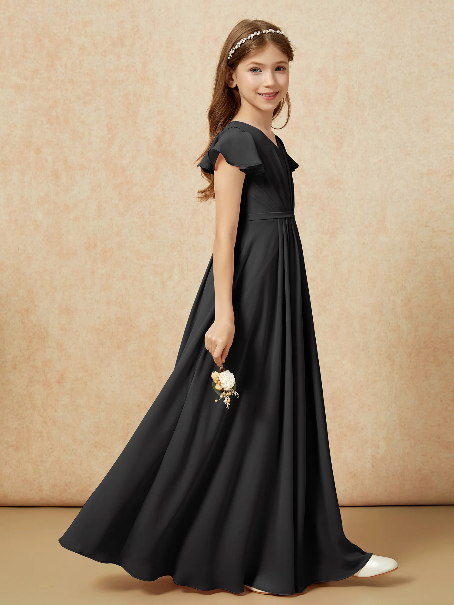 Flutter Sleeves V-neck Chiffon Junior Bridesmaid Dresses Black - Image 5
