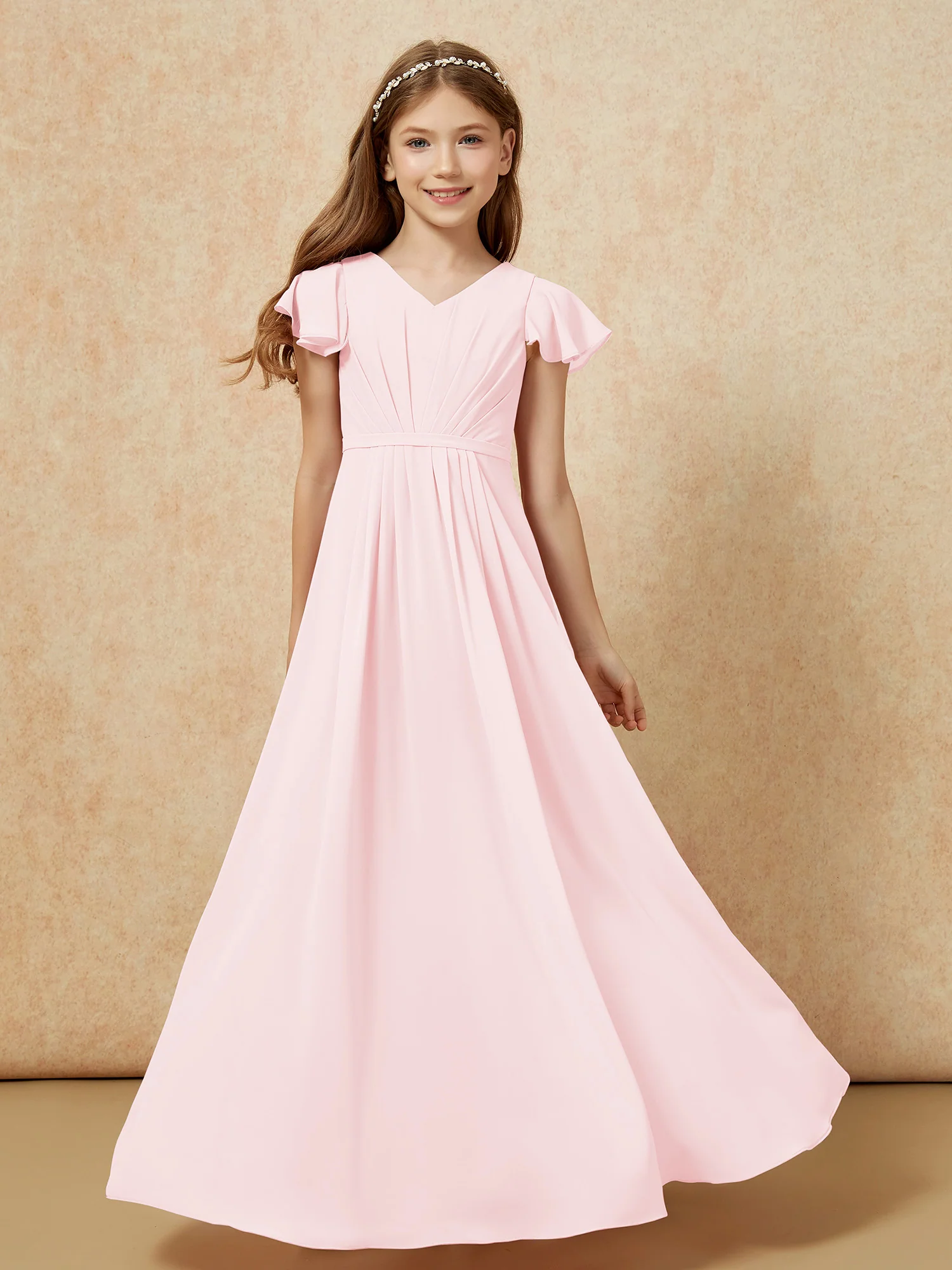 Flutter Sleeves V-neck Chiffon Junior Bridesmaid Dresses Blushing Pink