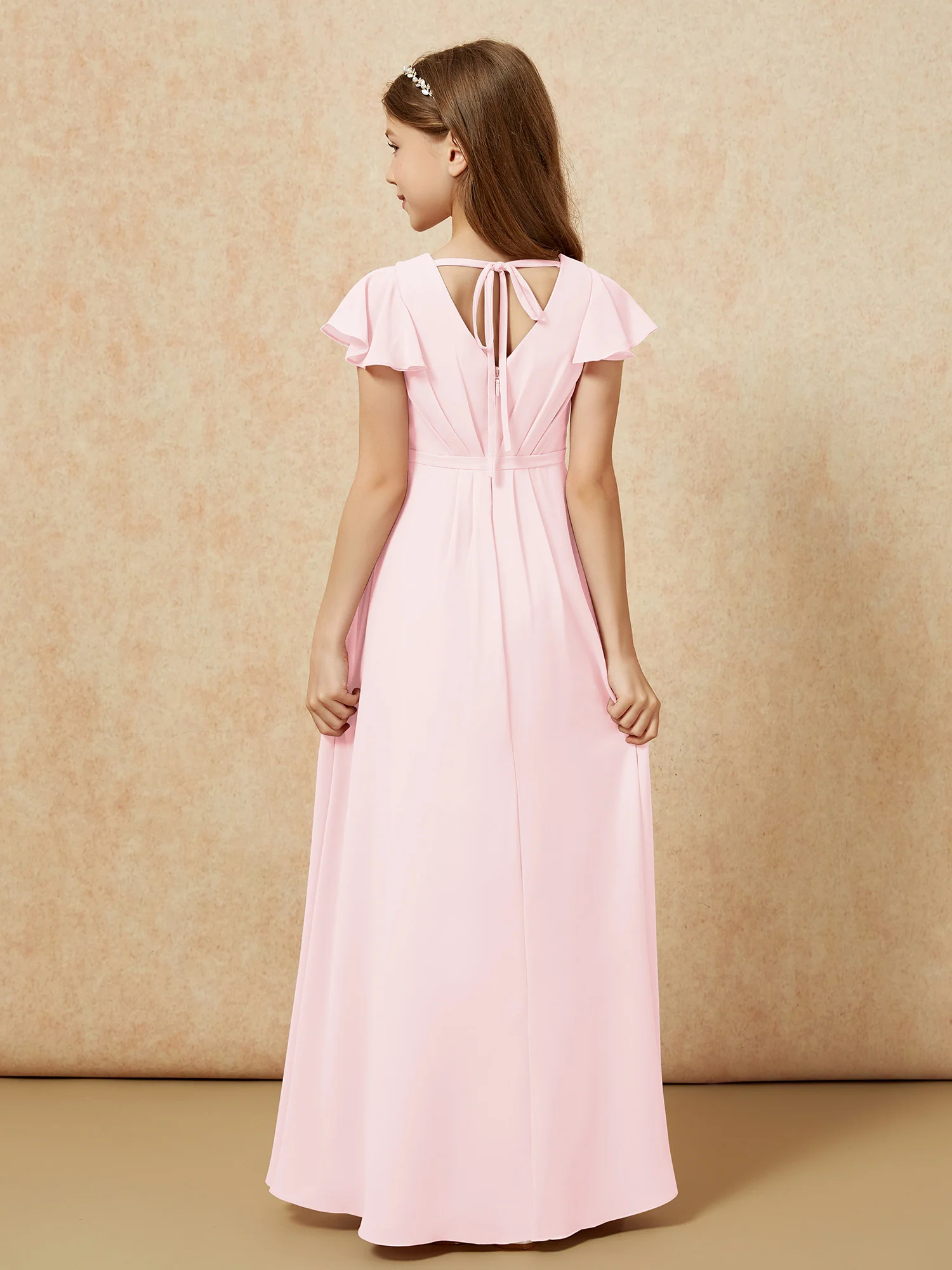 Flutter Sleeves V-neck Chiffon Junior Bridesmaid Dresses Blushing Pink - Image 2