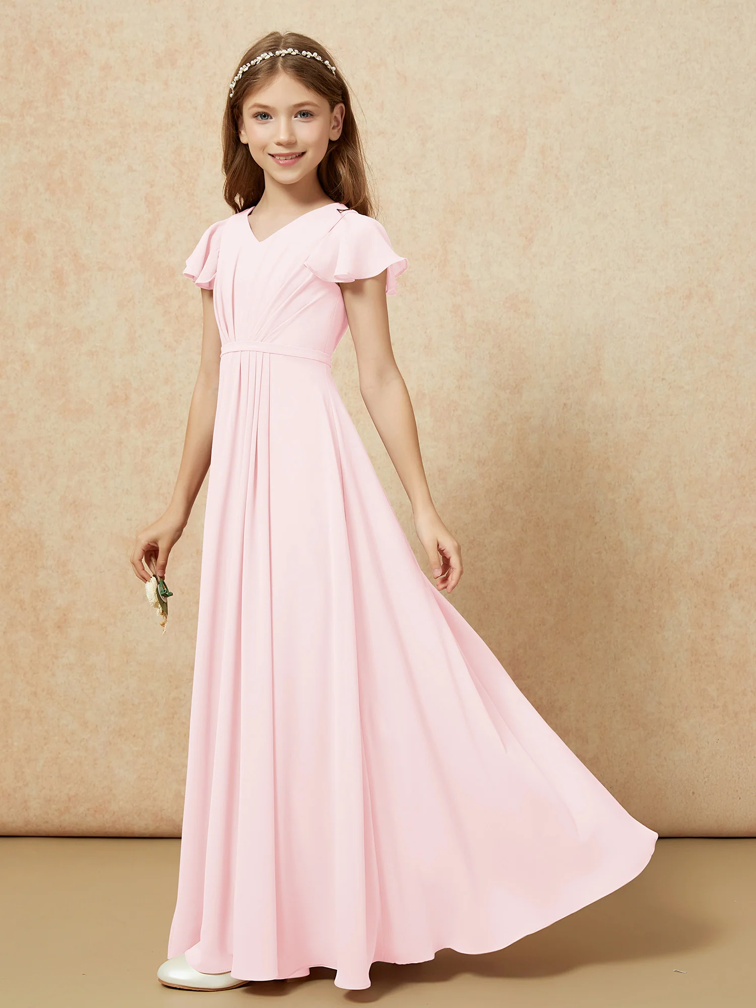Flutter Sleeves V-neck Chiffon Junior Bridesmaid Dresses Blushing Pink - Image 3