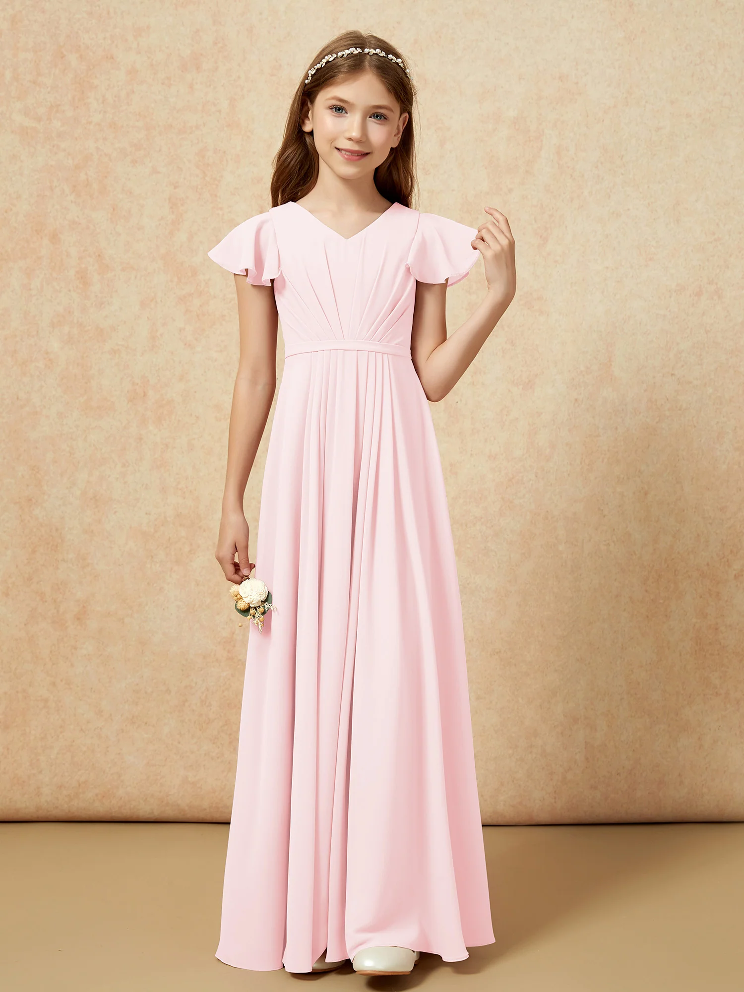 Flutter Sleeves V-neck Chiffon Junior Bridesmaid Dresses Blushing Pink - Image 4