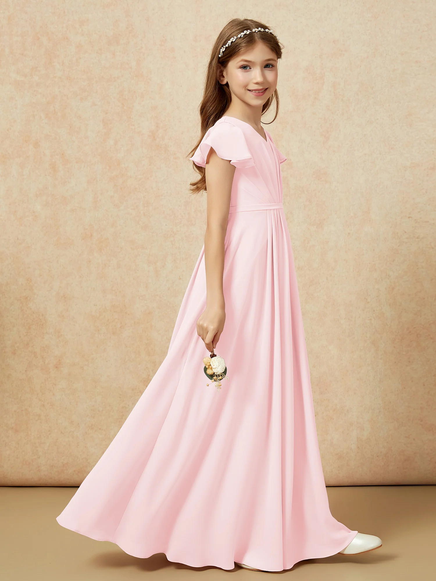 Flutter Sleeves V-neck Chiffon Junior Bridesmaid Dresses Blushing Pink - Image 5