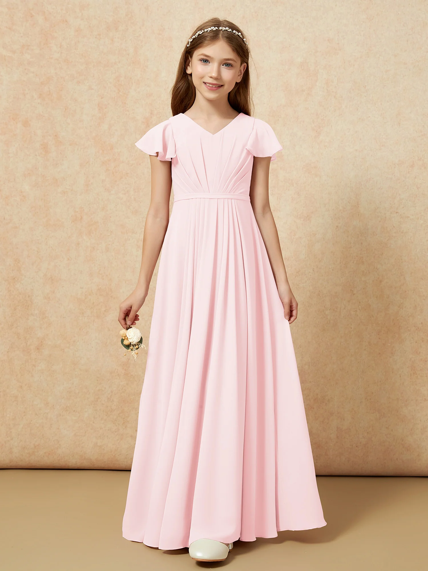 Flutter Sleeves V-neck Chiffon Junior Bridesmaid Dresses Blushing Pink - Image 6