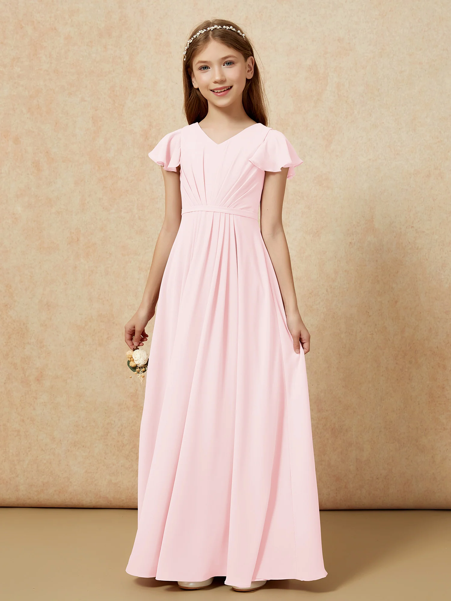 Flutter Sleeves V-neck Chiffon Junior Bridesmaid Dresses Blushing Pink - Image 7